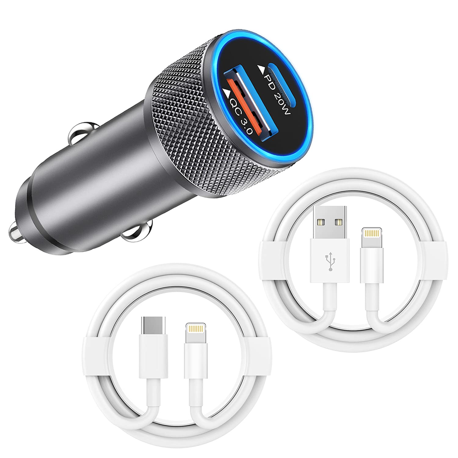 Apple MFi Certified 38W Dual Port USB C Fast Car Charger with 2x3ft PD&QC 3.0 Lightning Cable - Compatible with iPhone 14/13/12 Pro/11 & AirPods - Perfect for Road Trips & Daily Commutes