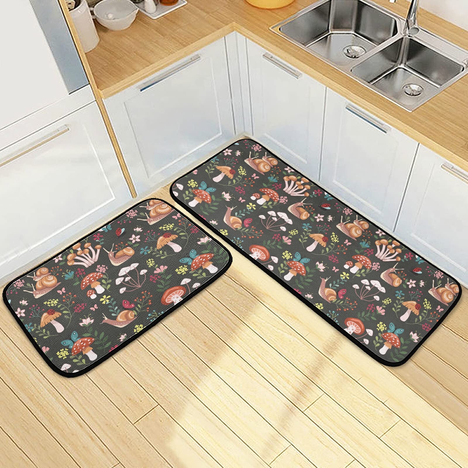 Premium Anti-Fatigue Kitchen Mats Set of 2 - Non-Slip Cushioned Runner Rugs with Mushroom & Snails Design for Kitchen, Sink, Laundry & Bathroom - Home Decor & Floor Protection for High-Traffic Areas