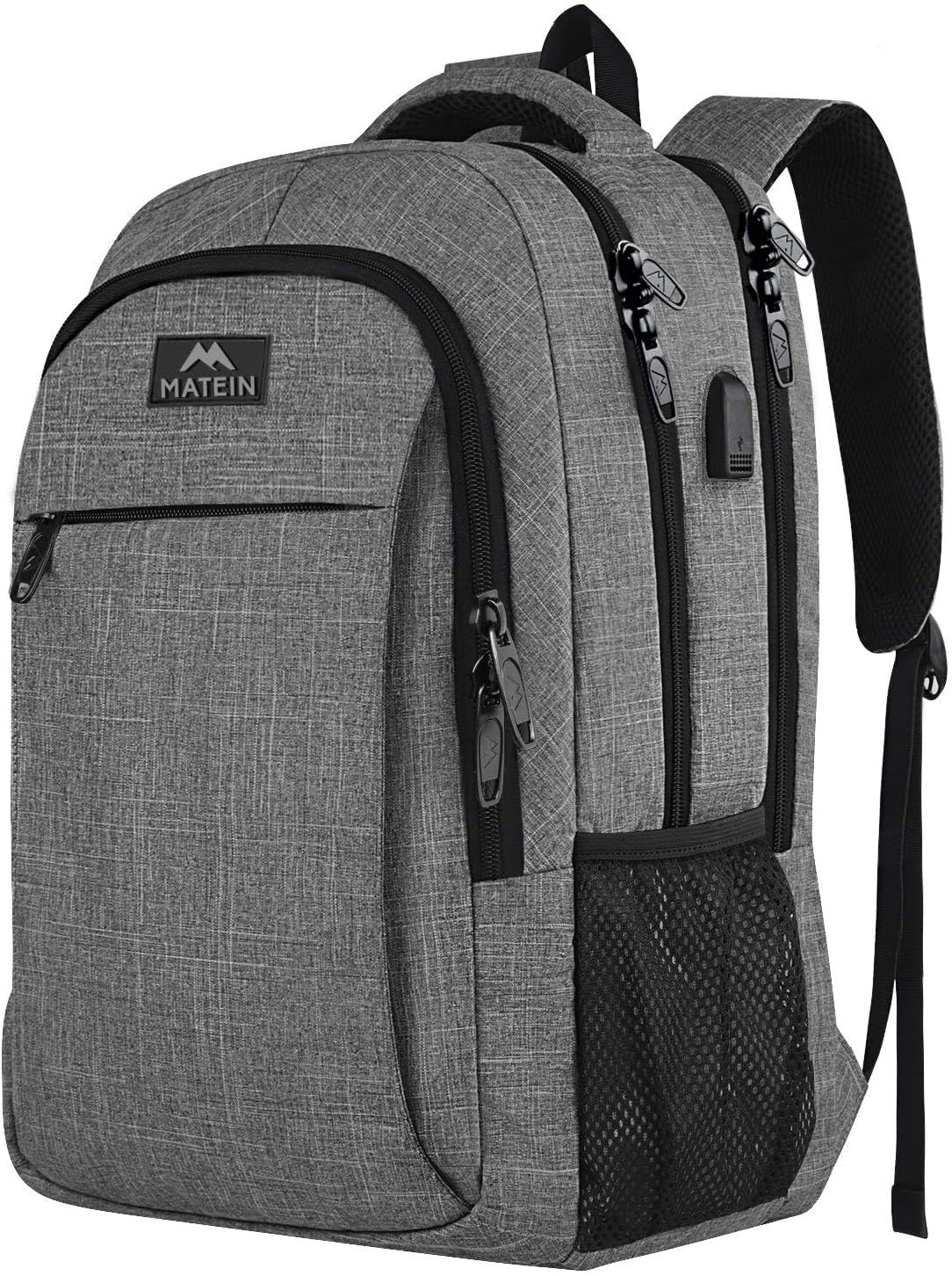MATEIN 15.6 Inch Lightweight Travel Laptop Backpack with USB Charging Port - Anti-Theft Water Resistant Business Backpack for Men & Women - Perfect for Work, School, Commuting & Air Travel - Grey