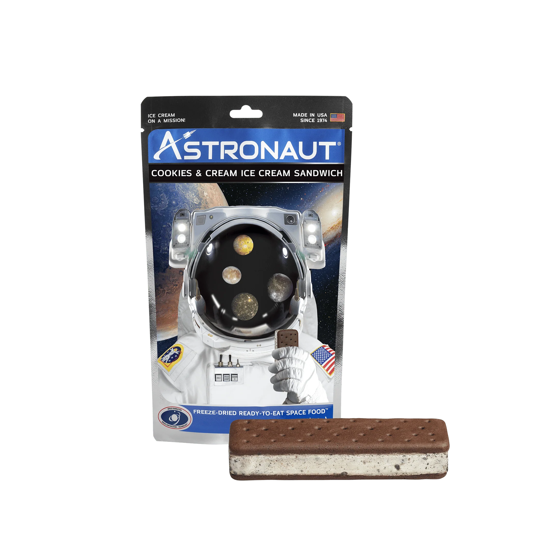 Astronaut Foods Cookies and Cream Ice Cream Sandwich - Freeze Dried Space Treat for Camping, Hiking & Emergency Food Storage