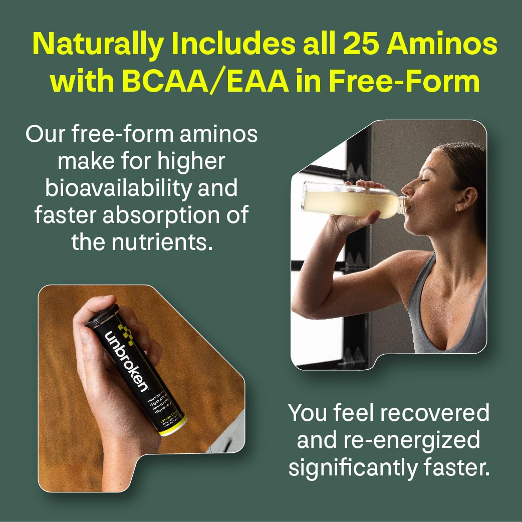 UNBROKEN Amino Energy Tablets - Essential 9 EAA & BCAA Free-Form Amino Acid Supplement for Faster Muscle Recovery & Reduced Soreness - Pre & Post Workout for Men & Women - 10 Servings Lemon Lime Flavor - Ideal for Gym, Running & Fitness Training