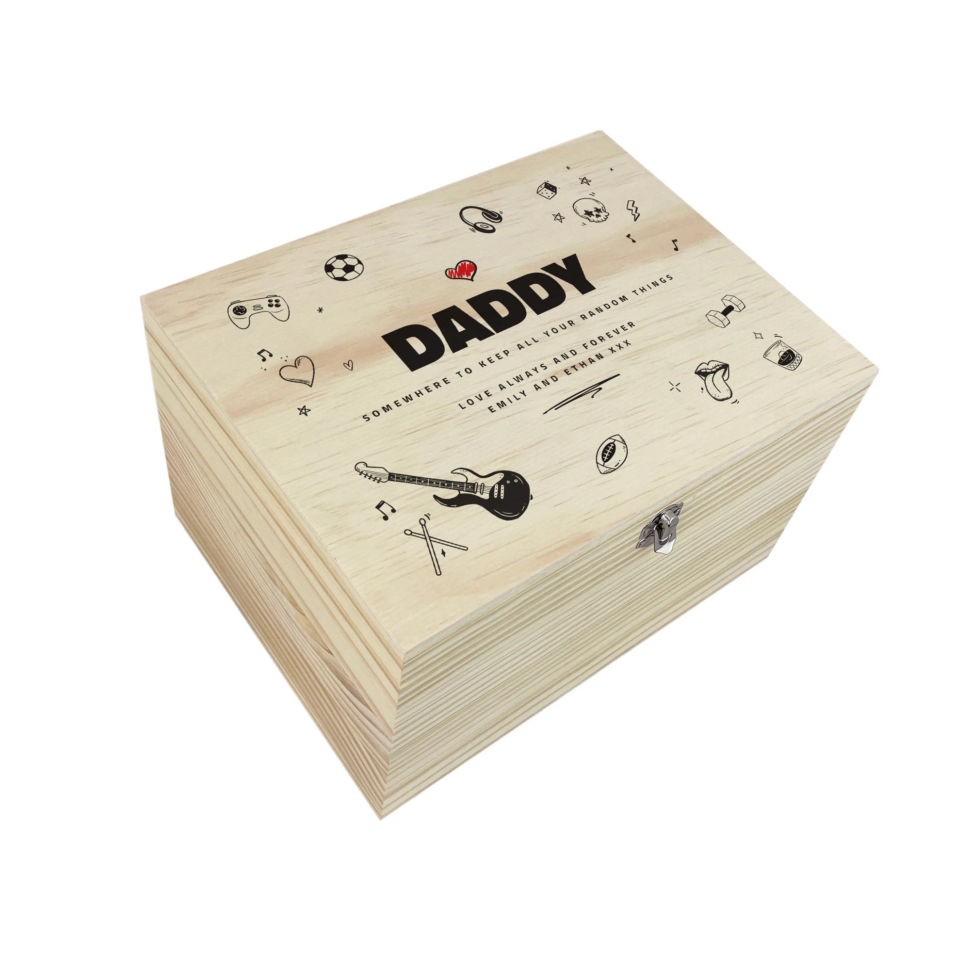Personalized Father's Day Doodle Sketch Design Pine Wood Memory Keepsake Box - 5 Sizes (16cm, 20cm, 26cm, 30cm, 36cm) - Perfect for Gift Giving, Jewelry Storage & Family Heirlooms