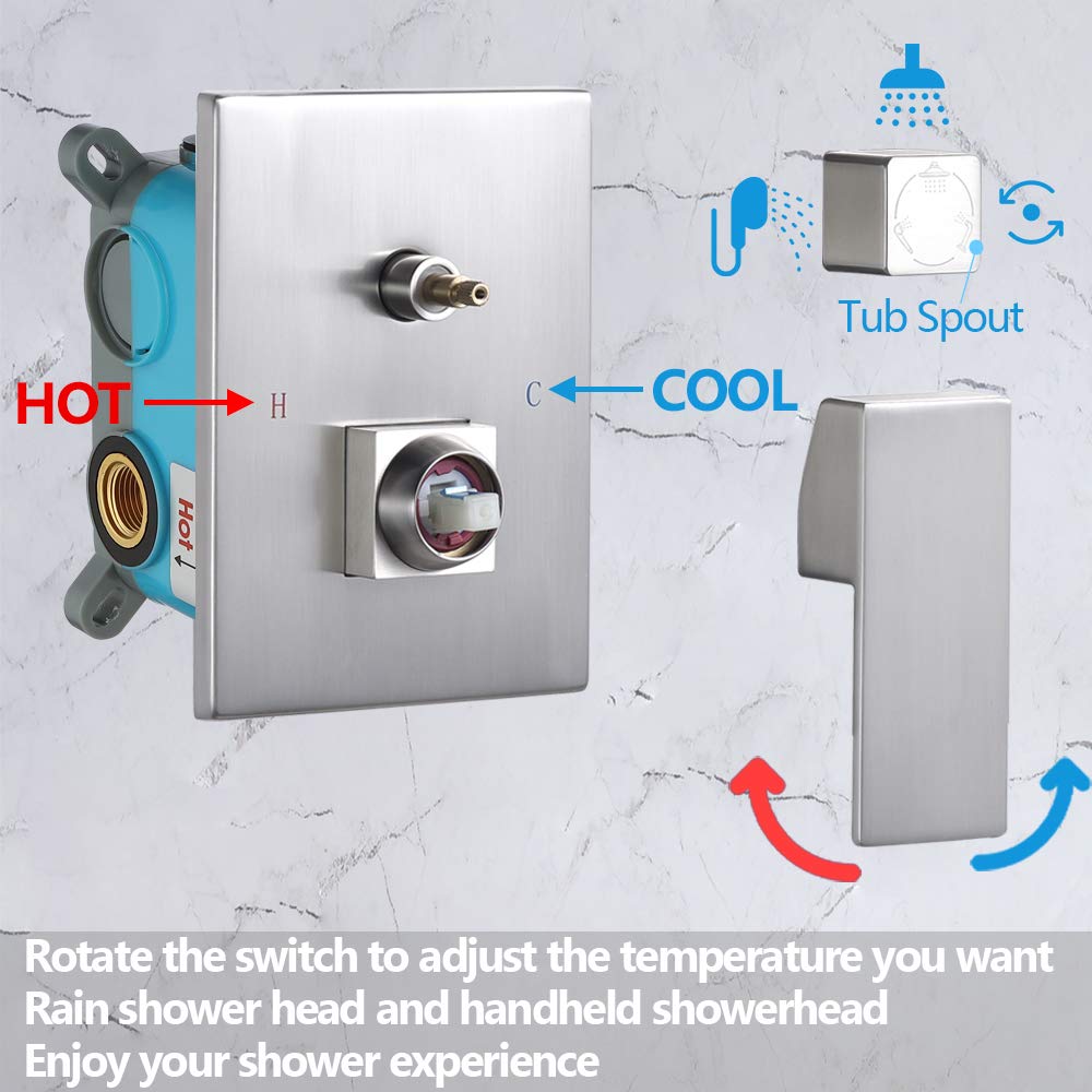 Premium Brushed Nickel Shower System Combo Set - 10 Inch Square Rainfall Shower Head, Mixer Valve & Tub Spout - Luxury Bathroom Upgrade for Spa-Like Experience (Perfect for Master Bathrooms & Modern Home Renovations)
