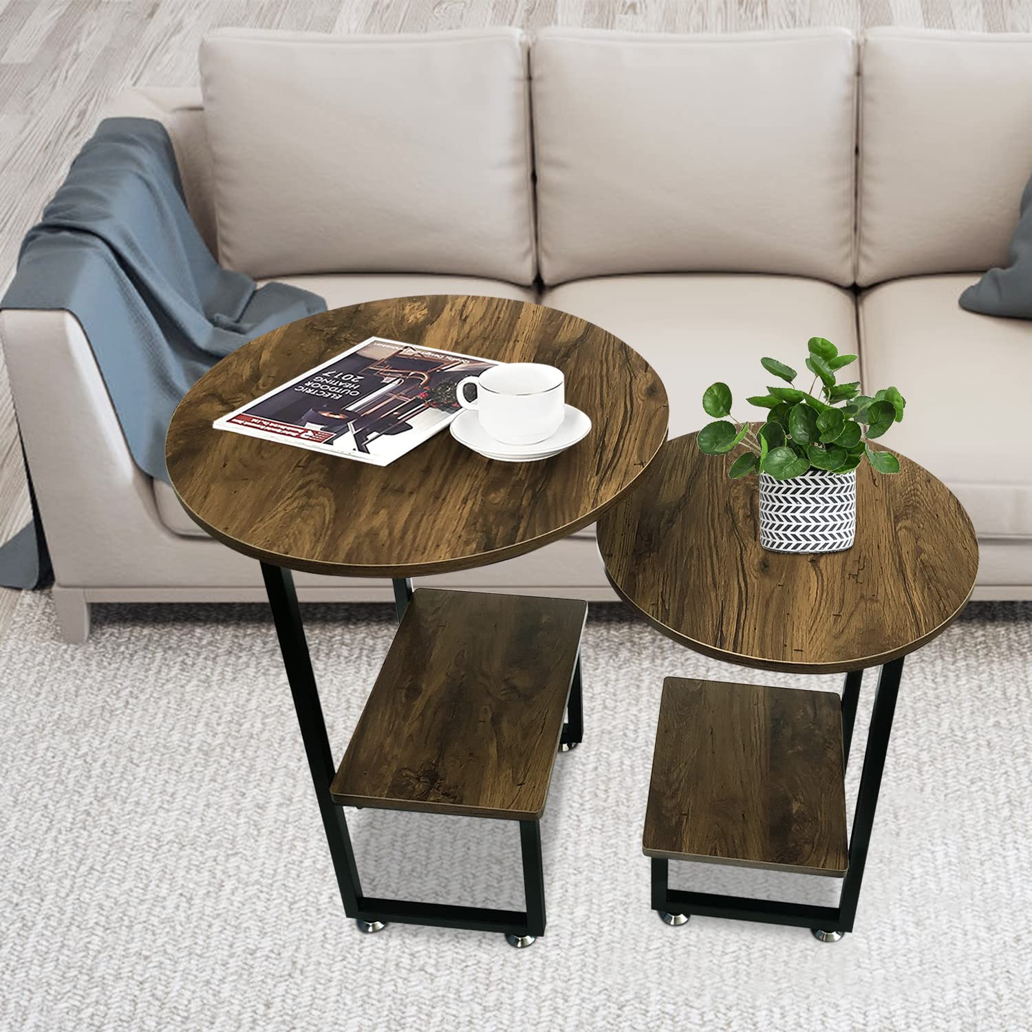 Beey Round Nesting Coffee Table Set of 2 - Farmhouse Style Wood & Metal End Tables with Sturdy Frame - Reclaimed Oak Finish - Perfect for Living Room, Balcony, or Bedroom Decor