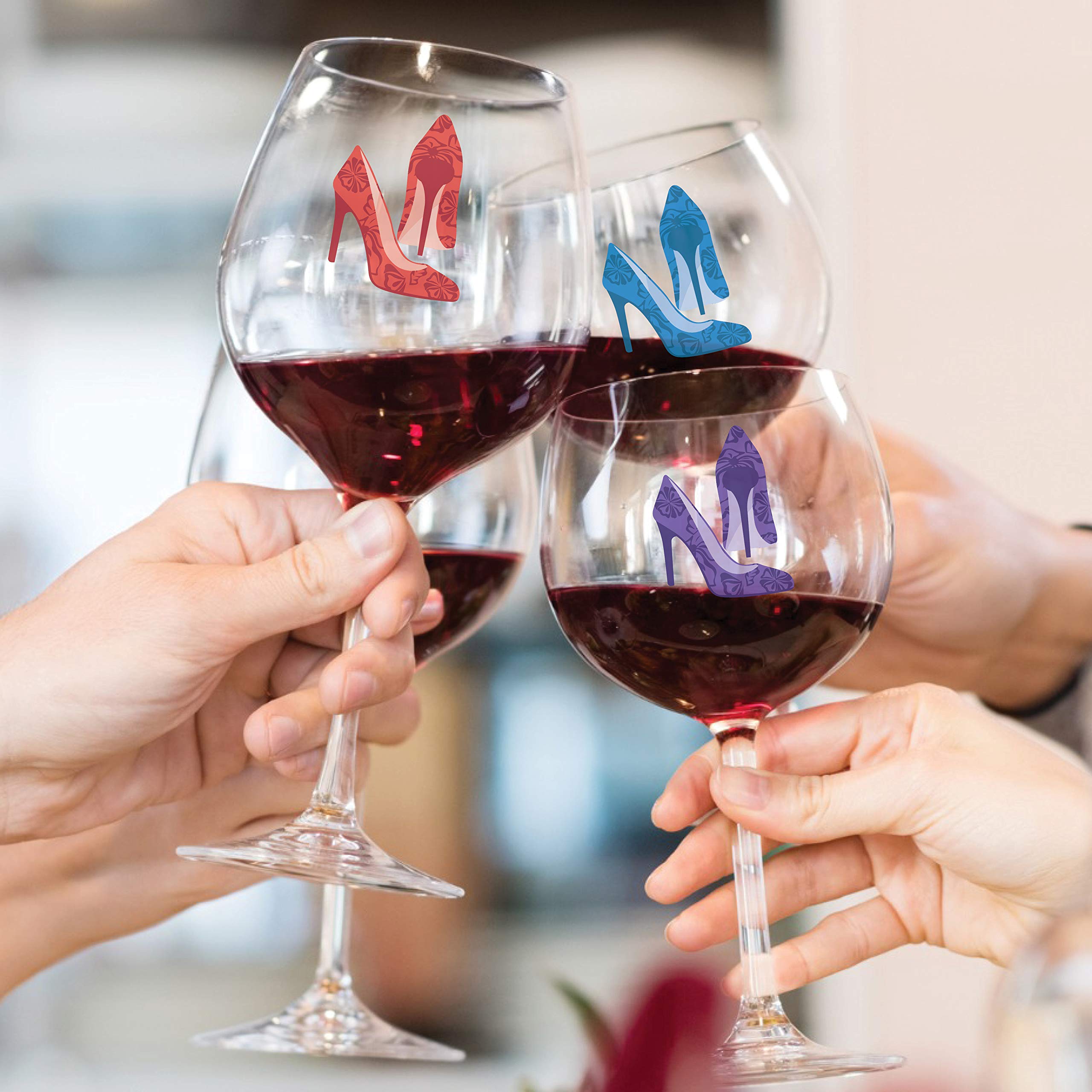Wine Glass Markers - Set of 12 Reusable Static Cling Decals with High Heel Design for Party, Wedding & Wine Tasting Events - Perfect for Glass Identification & Fun Decorations