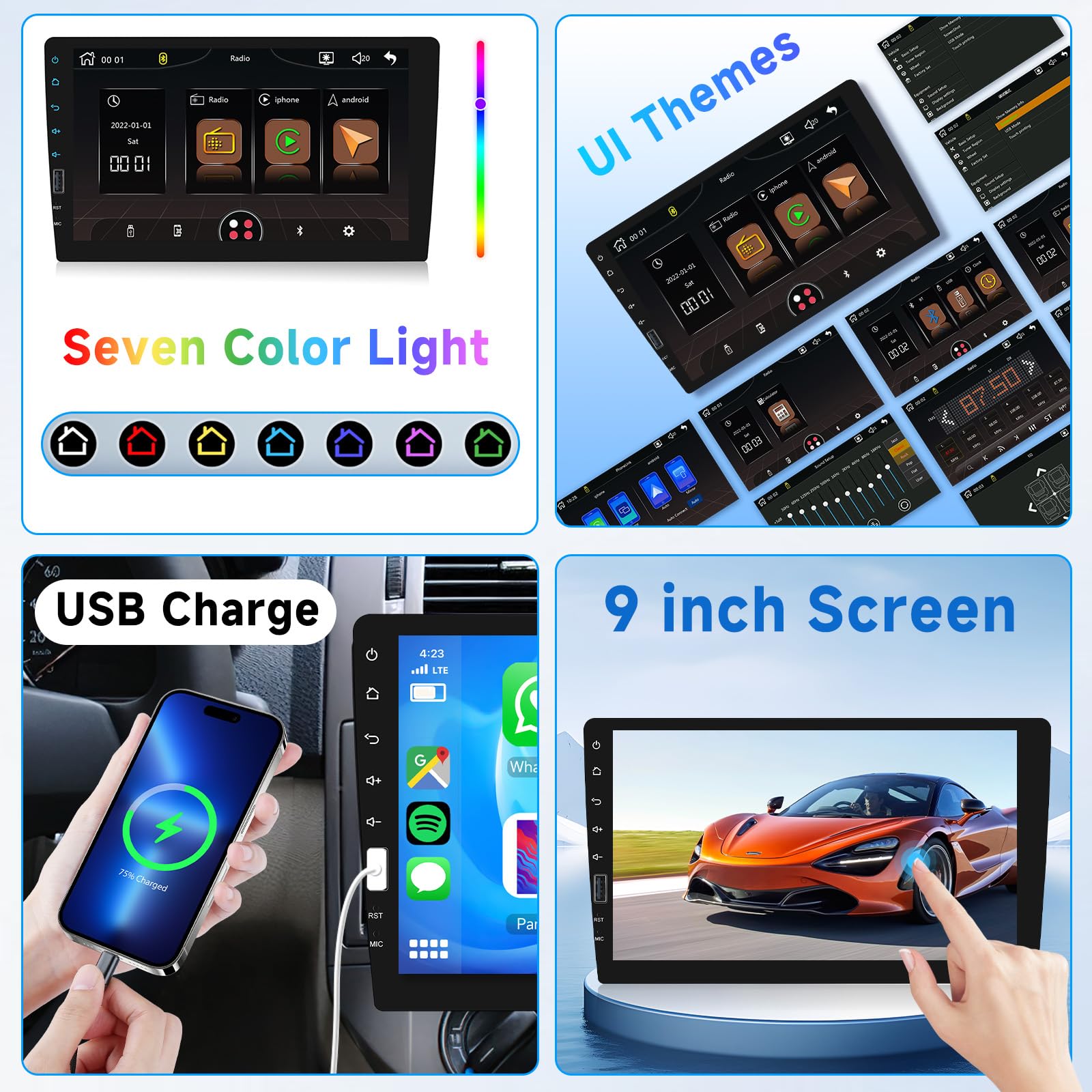 Hodozzy 9 Inch Single Din Car Stereo with Wireless CarPlay & Android Auto - Touch Screen Bluetooth Head Unit, FM Radio, USB, EQ, MirrorLink + Backup Camera | Perfect for Hands-Free Calling, Music Streaming & Safe Parking