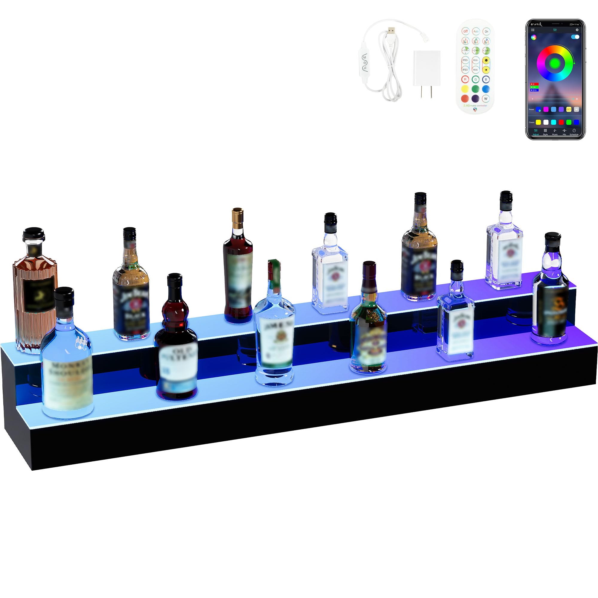 YITAHOME 48-Inch 2-Tier LED Lighted Liquor Bottle Display Shelf - Acrylic Whiskey Rack Stand with Remote & App Control, USB & Power Bank Compatible - Perfect for Home Bar, Party Decor, and Whiskey Collection Display