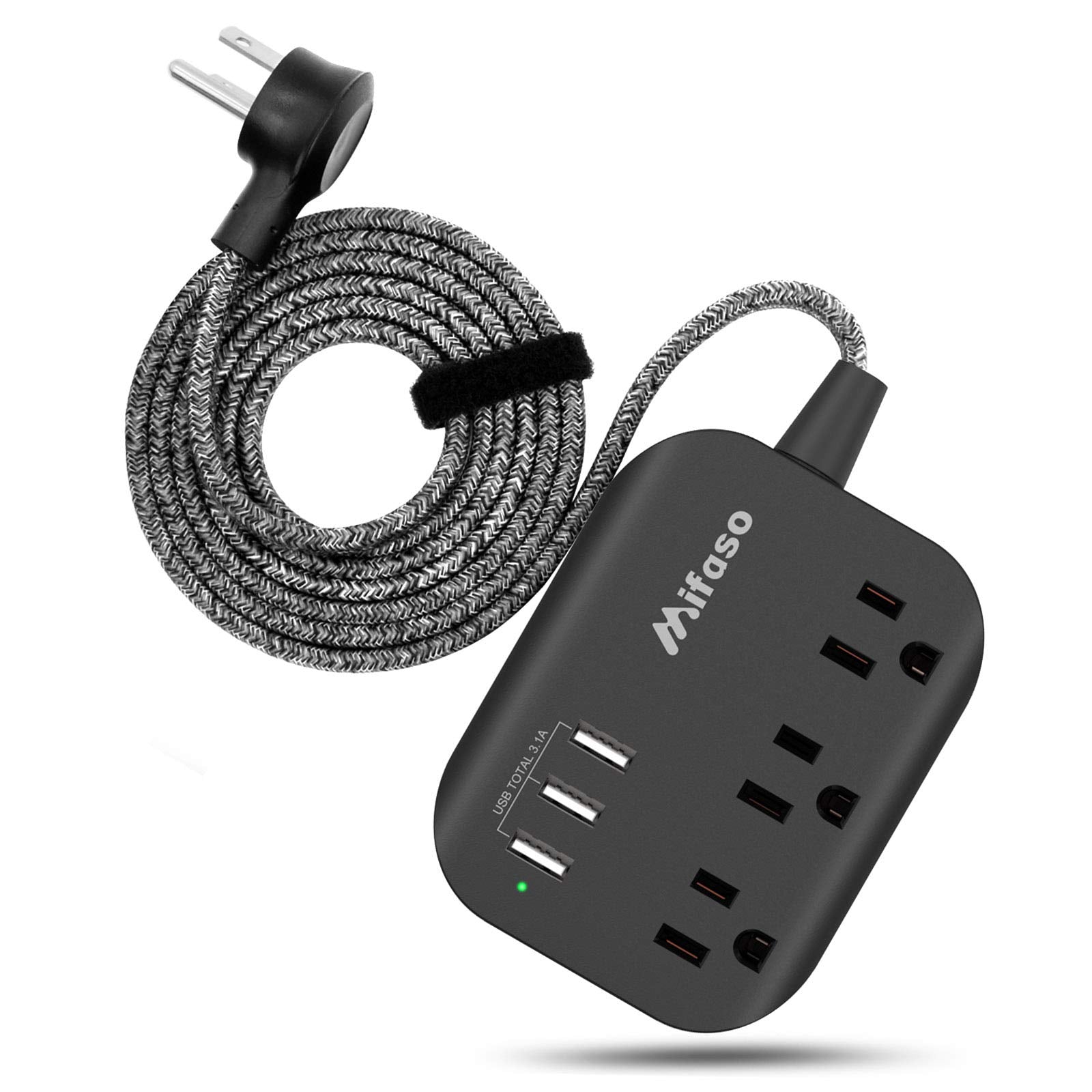 Flat Plug Power Strip with 3 Outlets & 3 USB Ports (3.1A) - 5ft Extension Cord - Space Saving Design for Cruise Ships, Dorms, Offices & Home Use