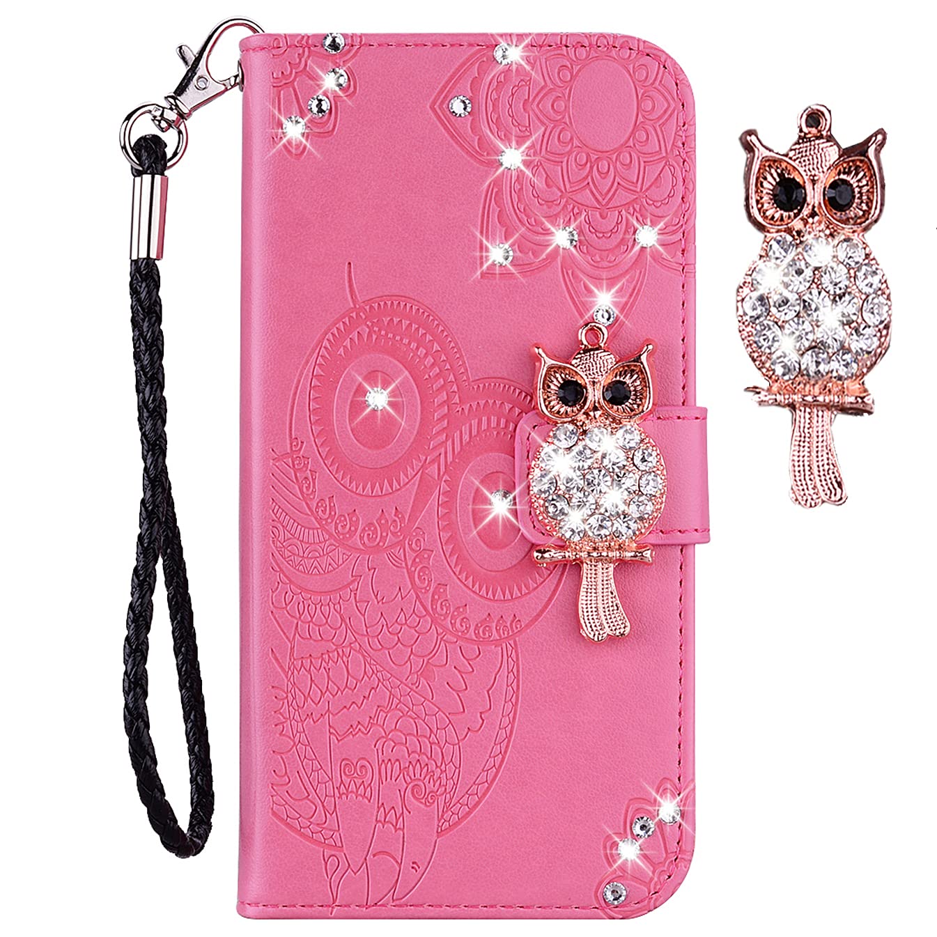CCSmall iPhone 13 Pro Max Wallet Case with Card Slots & Wrist Strap - Sparkling Glitter Diamond PU Leather Flip Cover (Owl Pink) - Perfect for Hands-Free Shopping, Travel & Daily Use