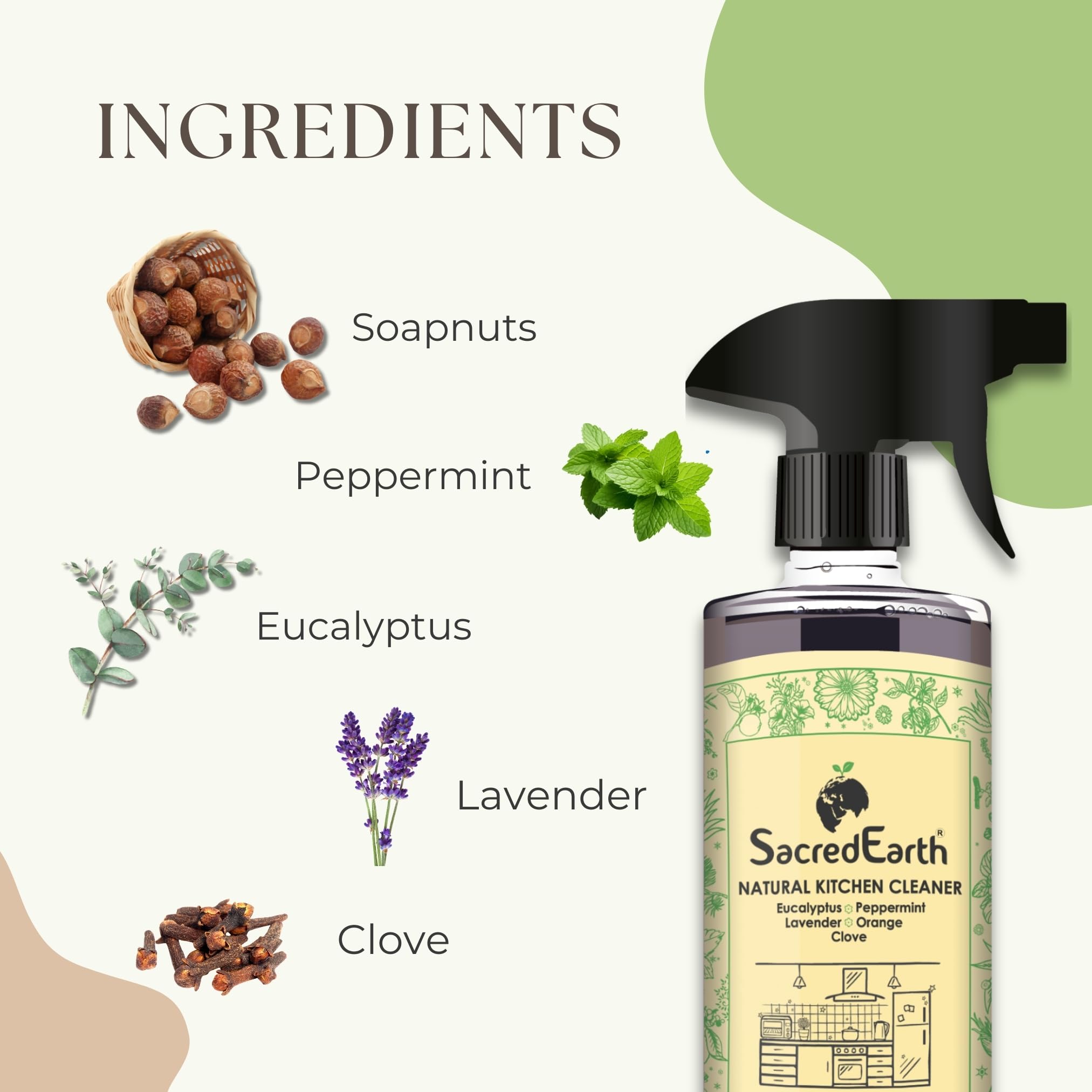 SacredEarth All-Natural Kitchen Cleaner with Orange, Lavender, Clove, Eucalyptus & Peppermint - 500ml Eco-Friendly Degreaser for Countertops, Stoves, Sinks & Appliances