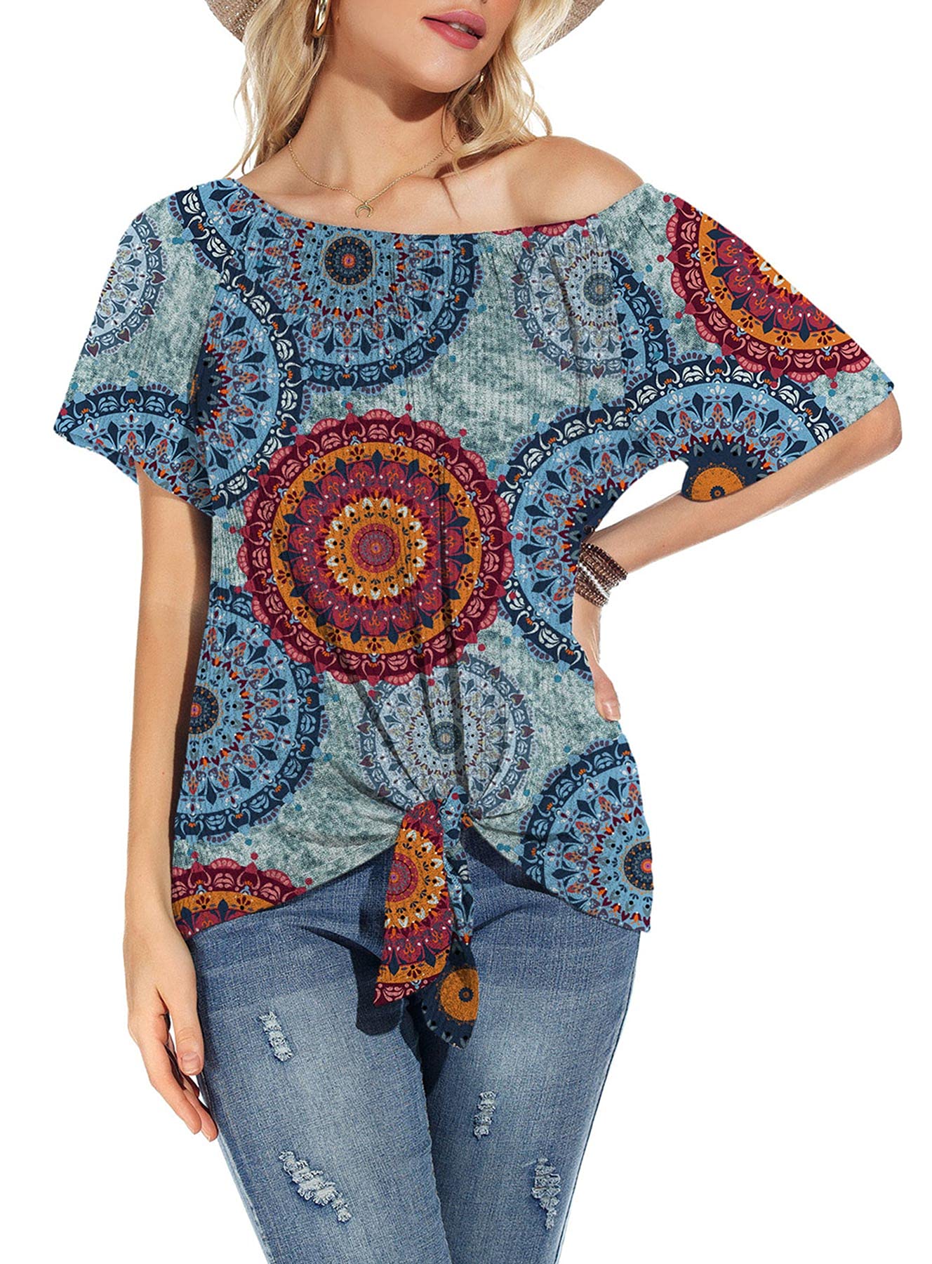 Women's Waffle Knit Off Shoulder Top - Casual Short Sleeve Blouse with Tie Knot Detail | Summer Loose T-Shirt for Beach, Vacation & Date Night Outfits