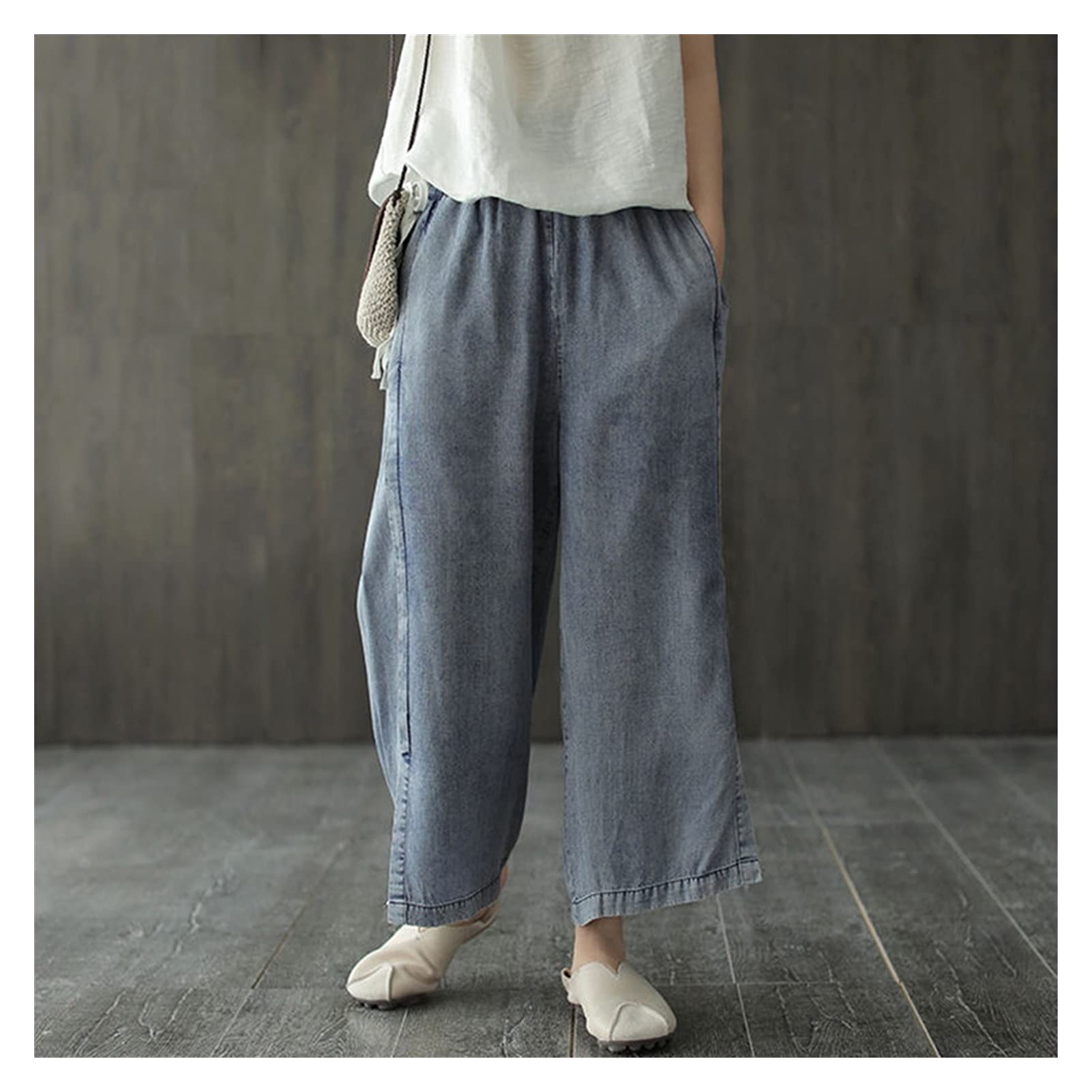 Spring Summer Women's Elastic Waist Loose Tencel Denim Wide Leg Pants - Vintage Casual Split Jeans in Blue (X-Large) | Artsy Style for Everyday Wear, Office & Weekend Outfits