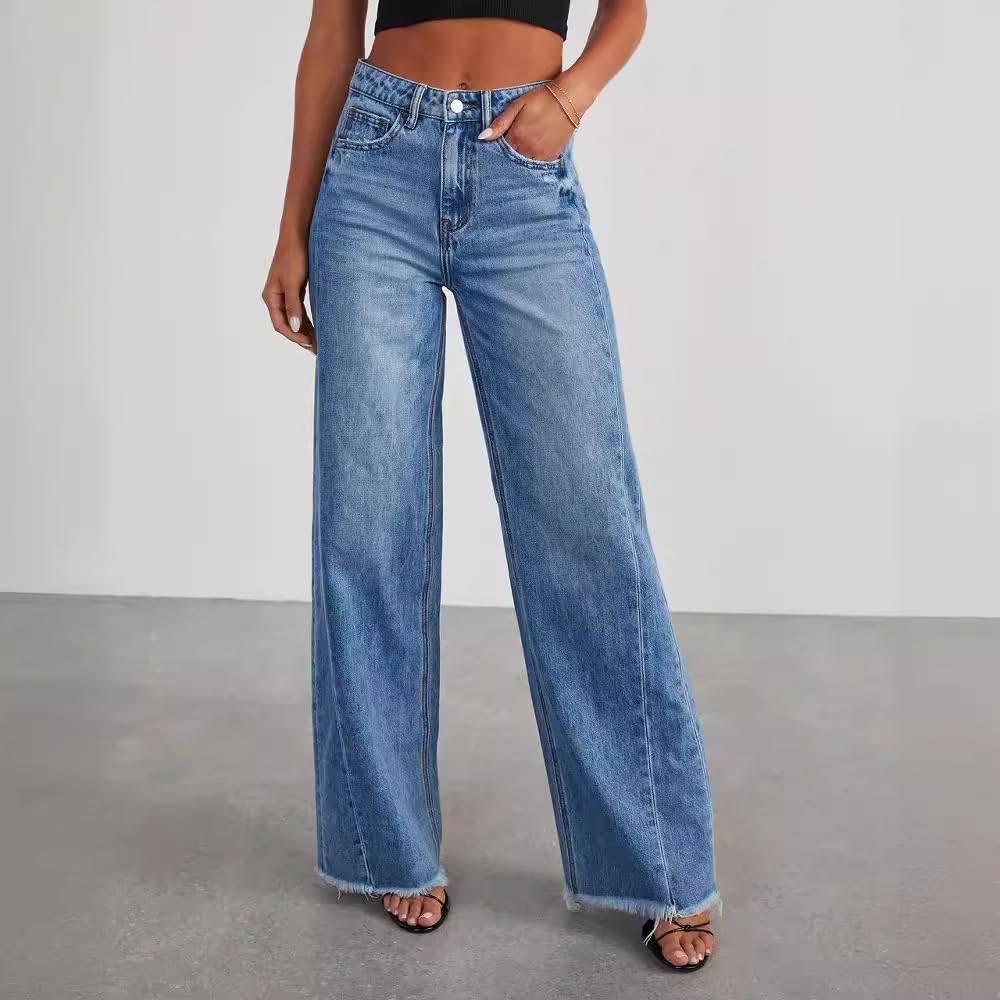 Women's High Waisted Wide Leg Jeans - Stretchy Raw Hem Denim Pants for Casual Wear & Street Style Outfits