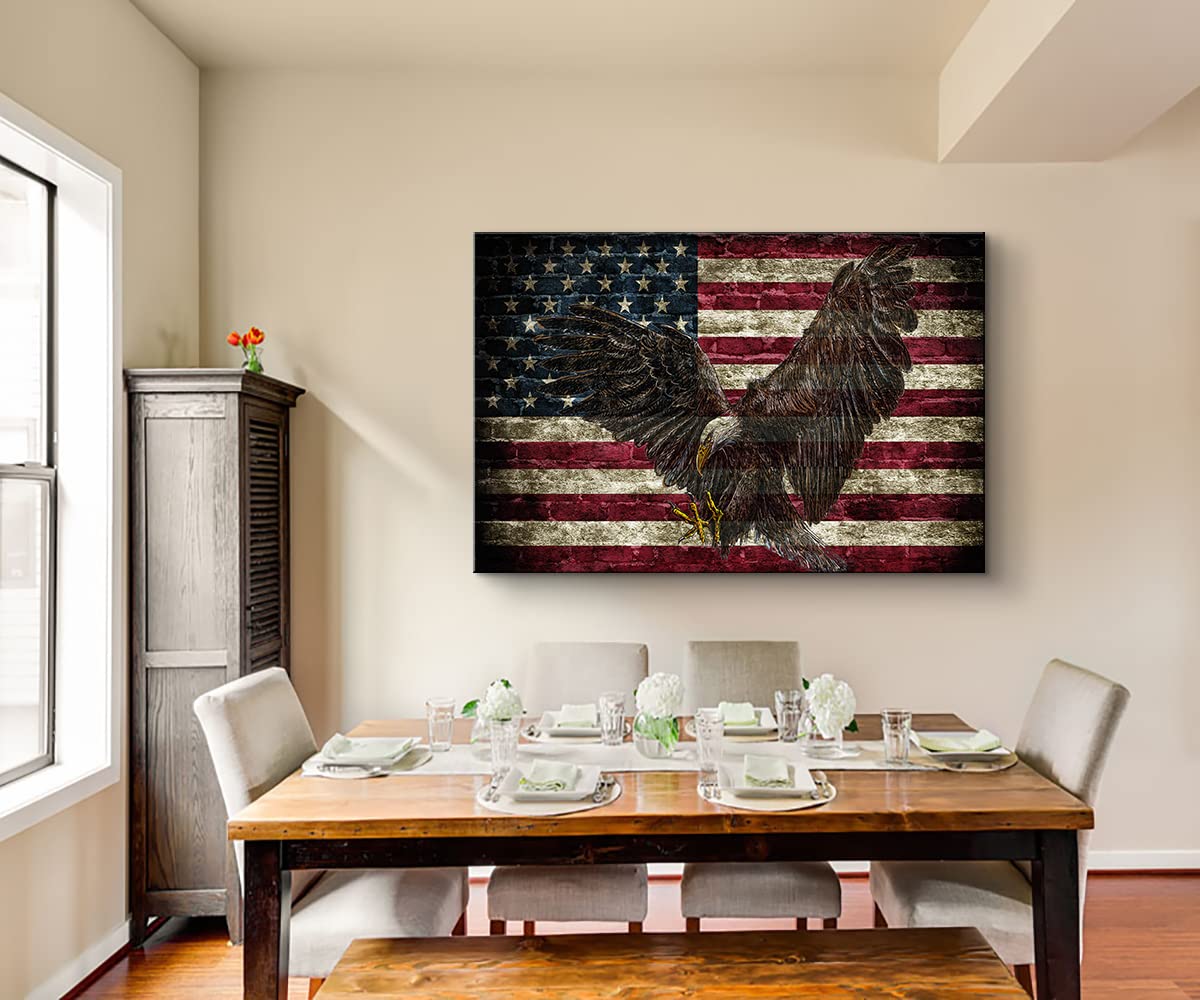 Patriotic American Flag Canvas Wall Art with Bald Eagle - Ready to Hang 28x40 Inches - USA Country Flags Decor for Living Room, Office & Man Cave - Perfect for Independence Day, Veterans Day & Home Decoration