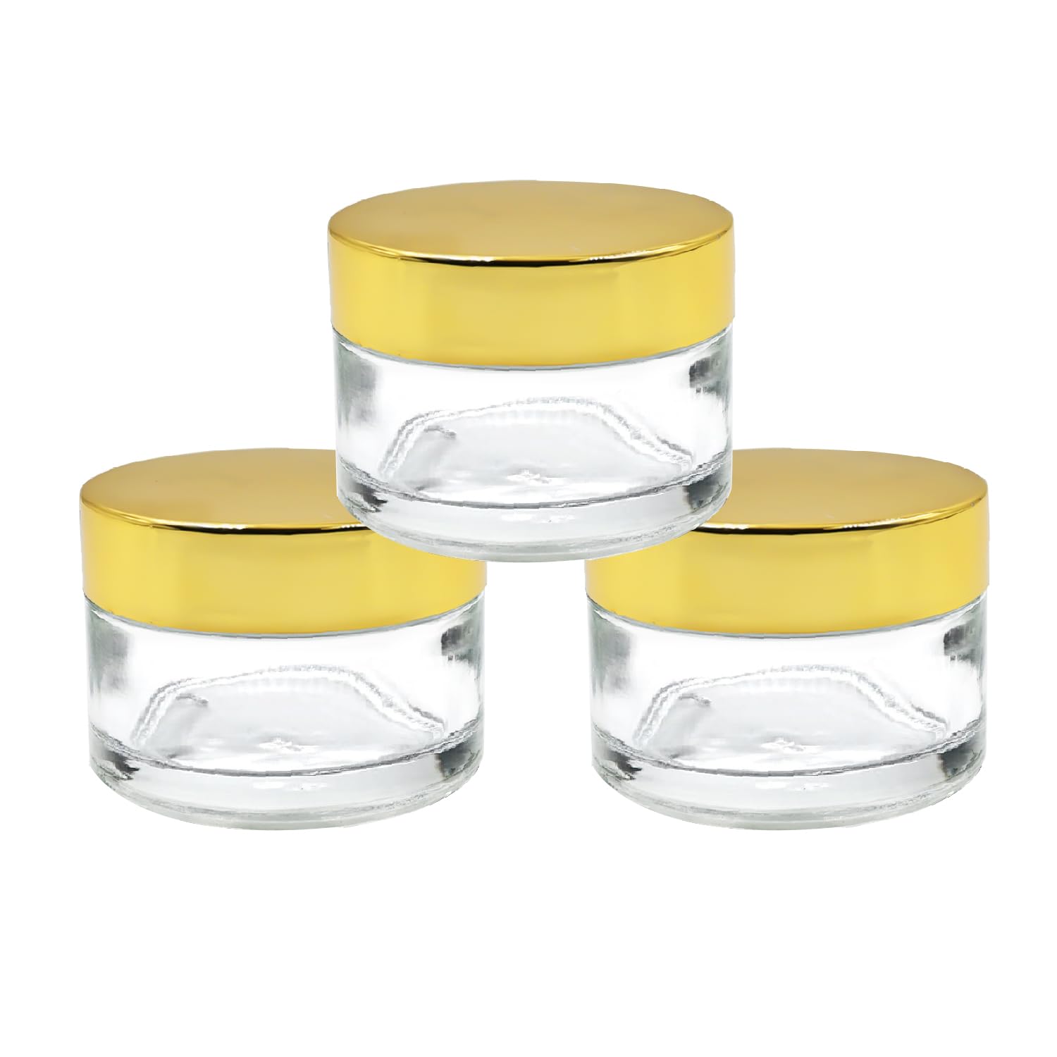 50ml Clear Round Empty Glass Cosmetic Jars with Gold Cap & White Lids - 3 Pack | For Creams, Balms, Face Scrubs & Body Lotions | Perfect for DIY Skincare, Travel Size Products & Gift Packaging