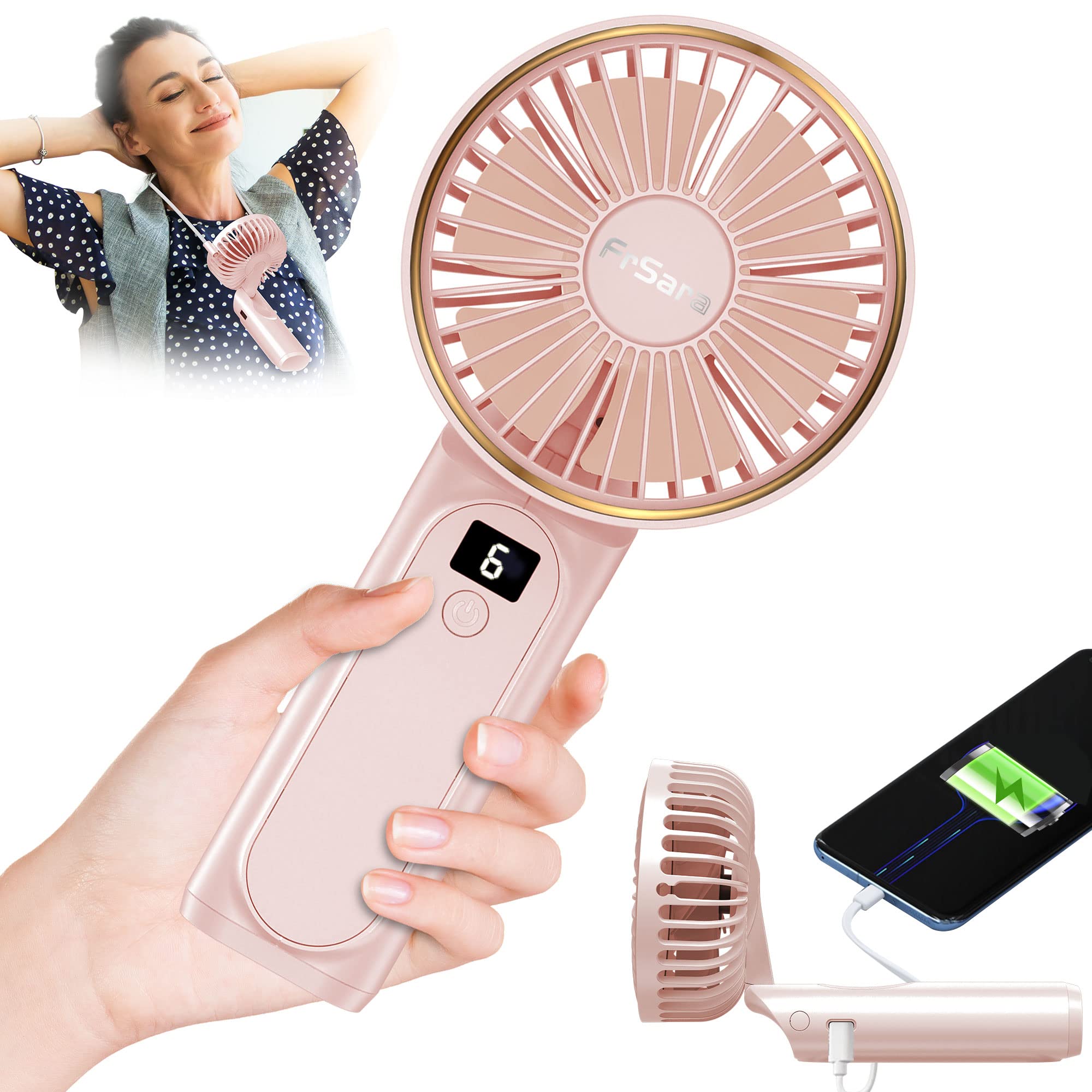 FrSara Portable Handheld Fan with 4000mAh Battery - Neck Fan, Mini Desk Fan, 6-Speed Adjustable, Ultra Quiet USB Rechargeable Fan for Home, Office, Travel & Outdoor Use (Pink) - Can Also Charge Mobile Phones
