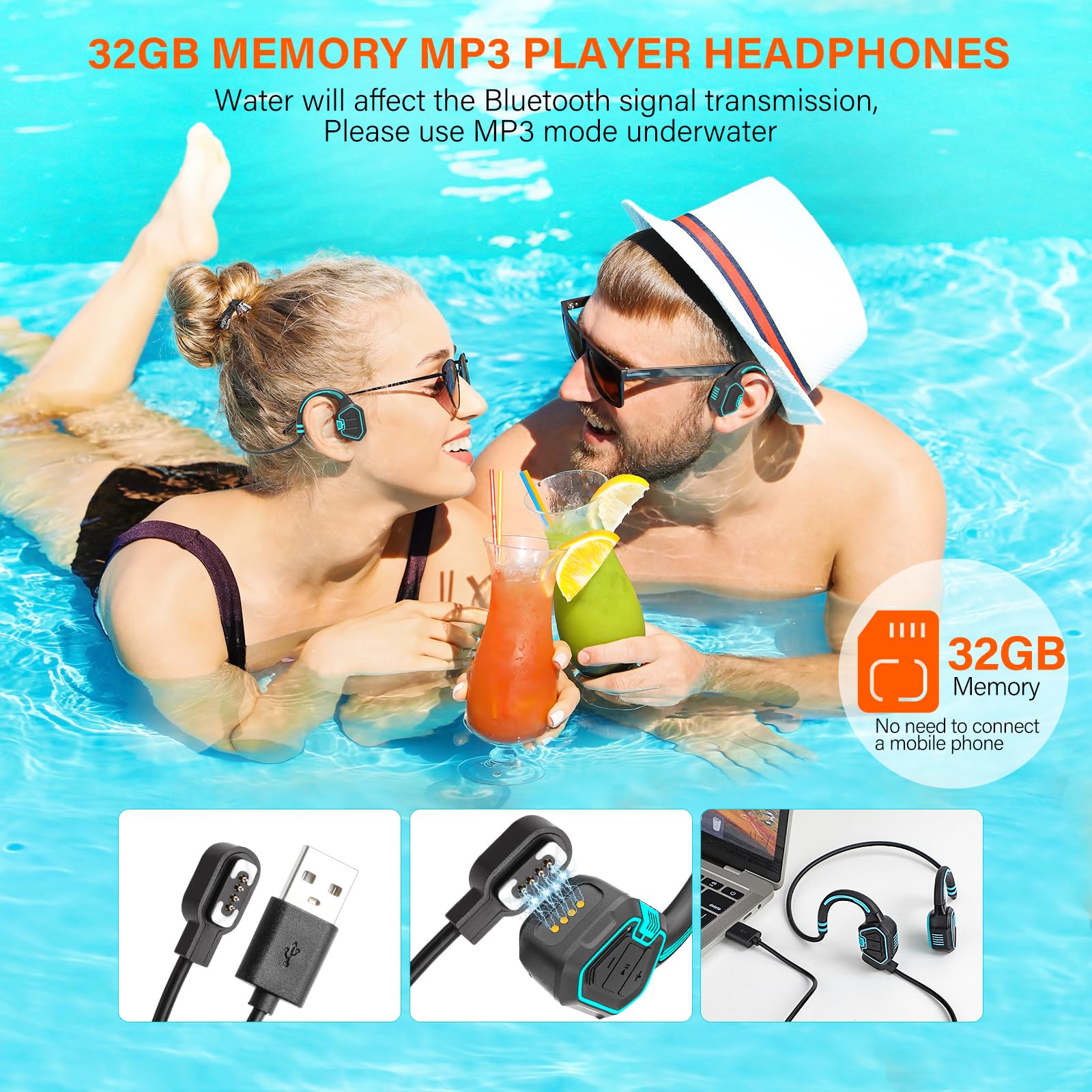 Wireless Bone Conduction Headphones IP68 Waterproof - Bluetooth 5.0 Open Ear Headphones with 32GB MP3 Player for Swimming, Running, Cycling & Workout - Sweatproof Sports Headset (Blue) | Perfect for Pool, Gym & Outdoor Activities