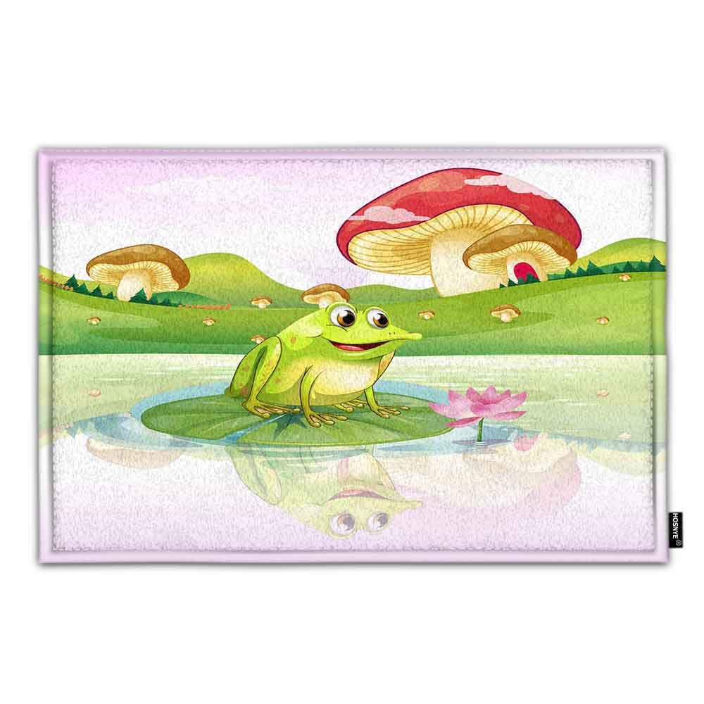 Non-Slip Flannel Frog Doormat - Lily Pad with Mushrooms Design for Bathroom, Kitchen & Entryway - Super Soft & Absorbent Floor Mat for Home Decor