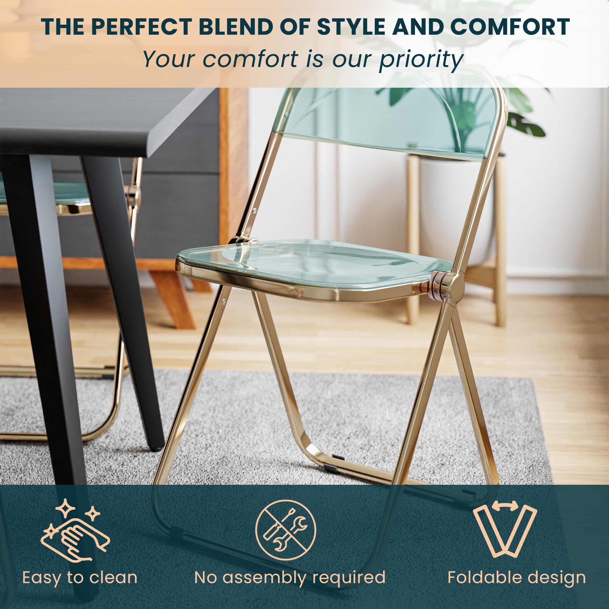 LeisureMod Lawrence Modern Transparent Acrylic Folding Chairs with Gold Metal Frame - Set of 4 Jade Green Patio Chairs for Indoor Outdoor Dining, Poolside, Garden, and Events