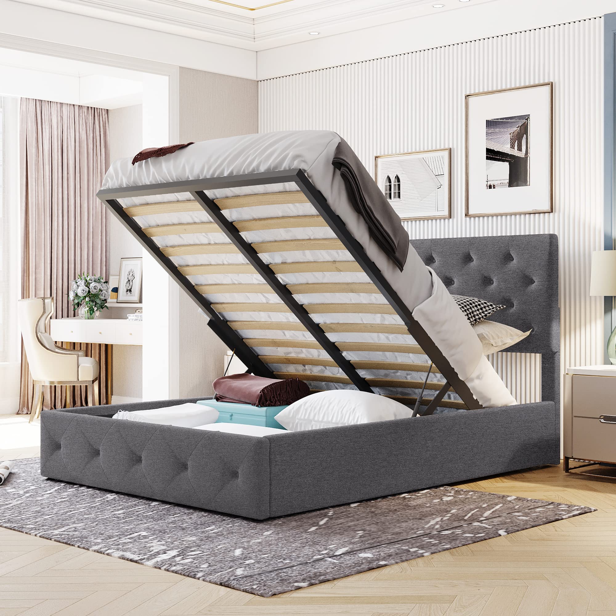 Lift-Up Storage Platform Bed Frame with Upholstered Headboard - Full Size Wooden Bed with Underbed Storage Space, No Box Spring Required (Gray) - Perfect for Small Bedrooms, Guest Rooms & Studio Apartments