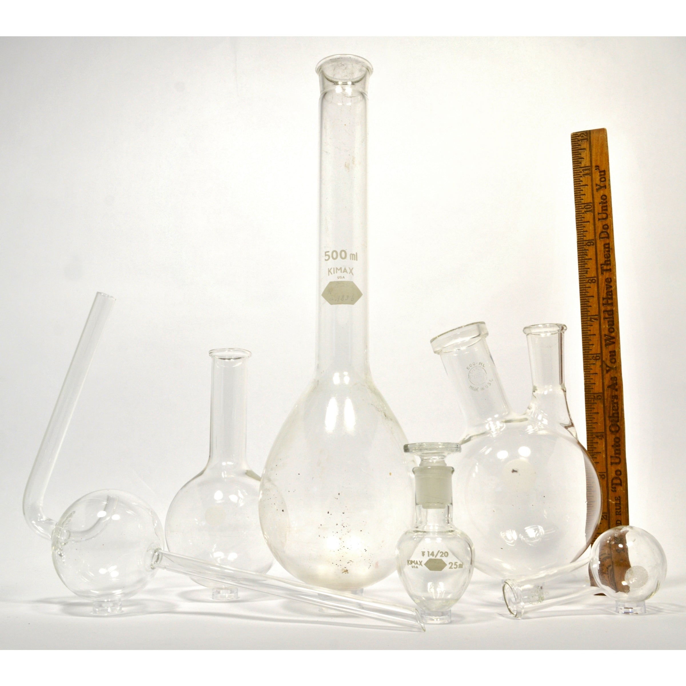 PYREX & KIMAX Lab Glassware Set of 6 Round Bottom Flasks with 2 Neck Florence - Perfect for Chemistry Experiments, Distillation & Scientific Research