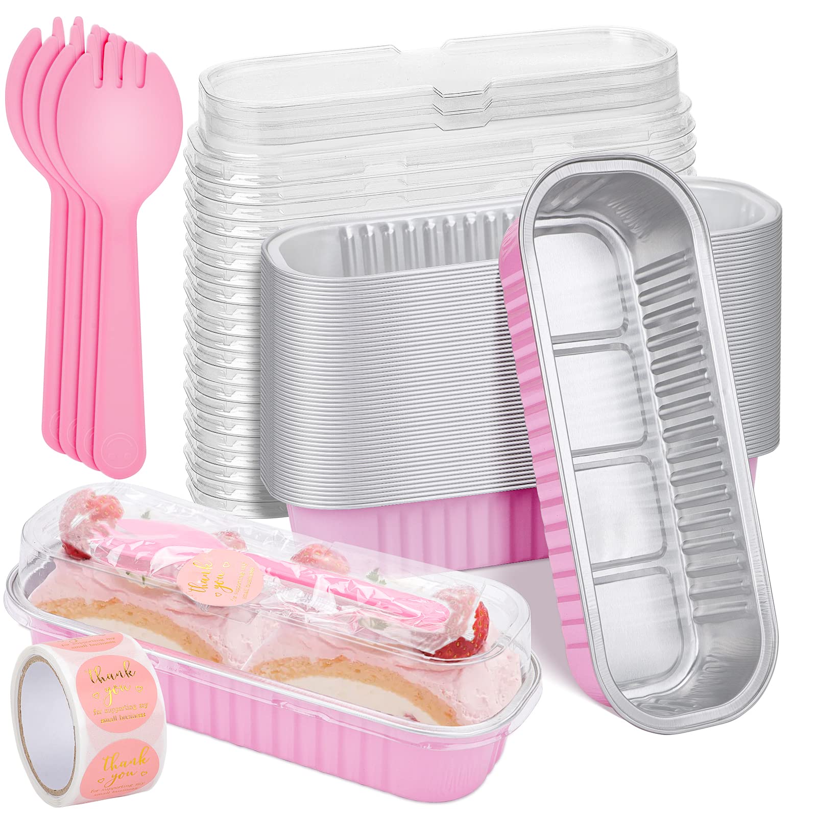 25-Pack Pink Mini Cake Pans with Lids - 6.8Oz Aluminum Foil Loaf Pans, Spoons & Stickers Included - Individual Dessert Containers for Baking, Parties, Picnics & Holiday Treats - Perfect for Cupcakes, Brownies & Small Desserts