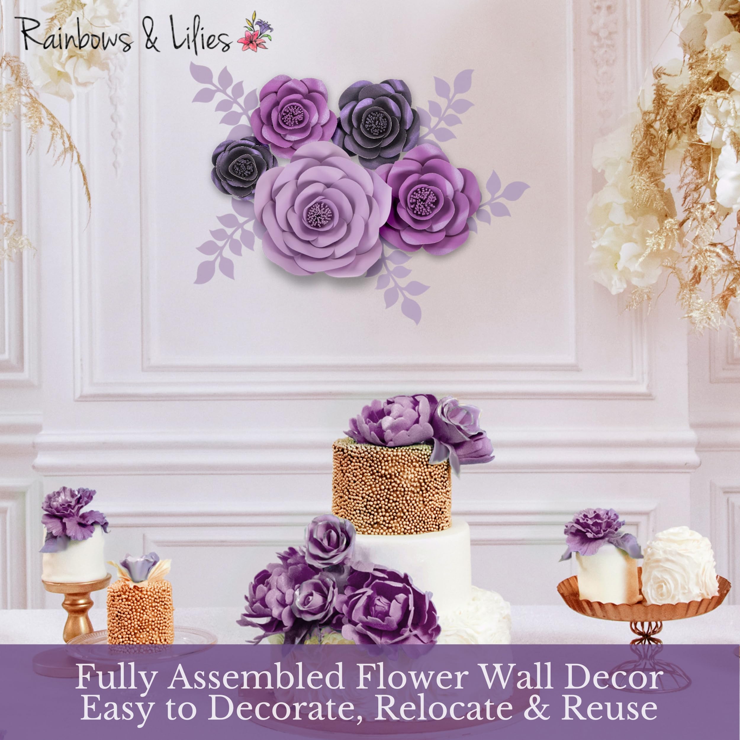 Rainbows & Lilies Paper Flowers Wall Decor - 3-Piece Set for Wedding, Baby Shower, Nursery, Party Backdrop & Centerpieces | Perfect for Bridal Showers, Baby Girl Rooms & Photo Booth Backgrounds