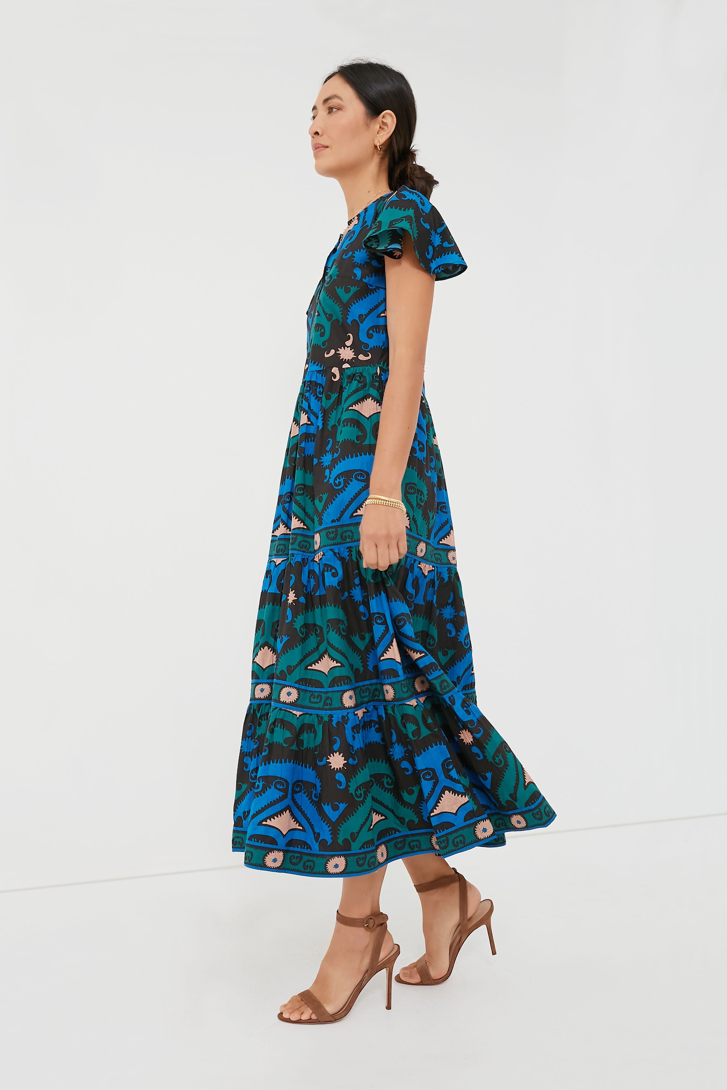 Stylish Blue Uzbek V-Neck Maxi Dress for Women - Elegant Long Flowy Summer Dress - Perfect for Beach Vacations, Parties & Casual Outings