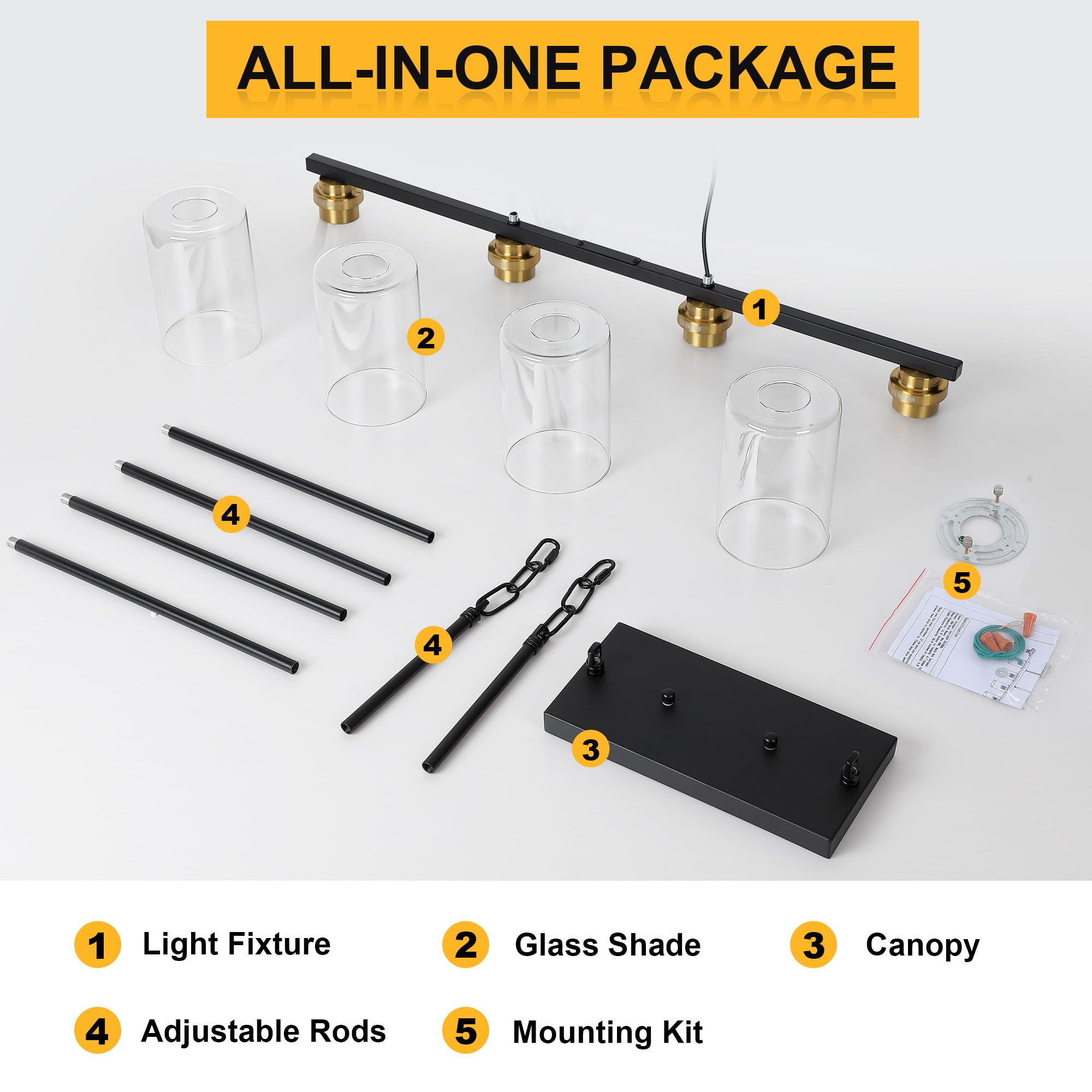 Black and Gold 4-Light Linear Chandelier - Modern Kitchen Island Lighting & Dining Room Pendant Fixture for Tables | Perfect for Contemporary Homes, Restaurants & Open-Concept Living Spaces
