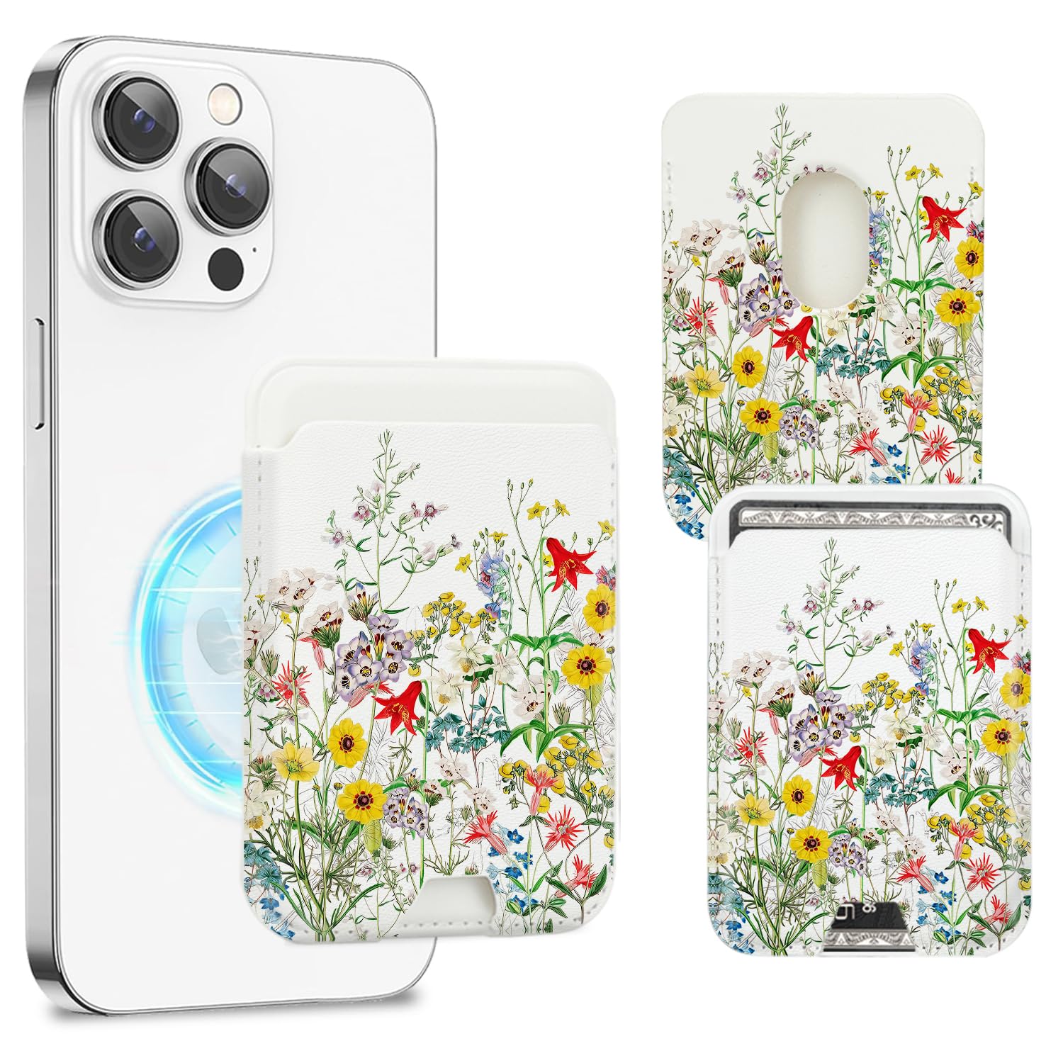 Magnetic MagSafe Wallet for iPhone 16/15/14/13/12 Pro Max/Plus/Mini - Detachable PU Leather Card Holder with Wildflowers Design | Slim RFID Blocking Wallet for Credit Cards & ID | Perfect for Travel, Shopping and Everyday Use