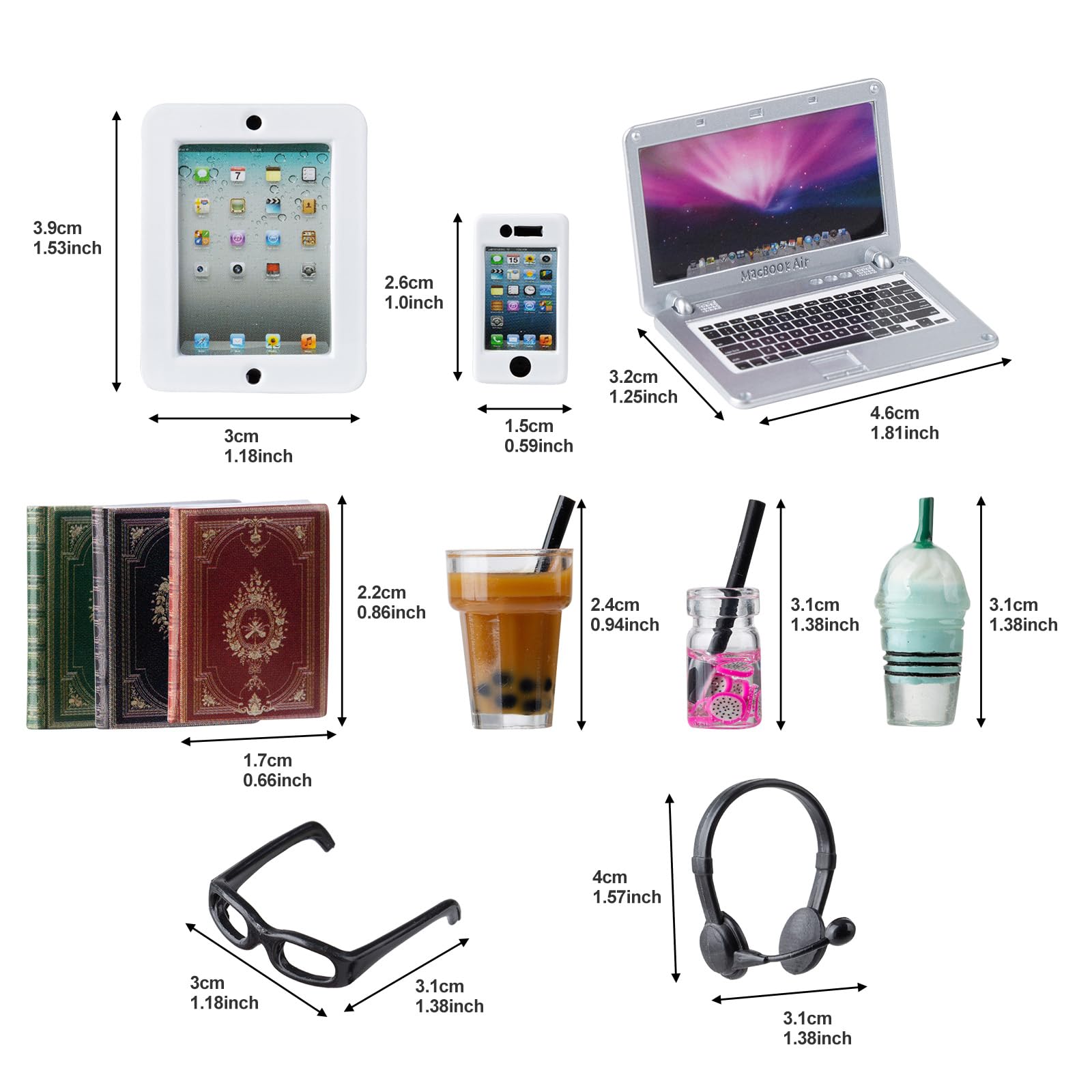 16Pcs Miniature Laptop Computer Tablet Toy Phone Pad with Coffee Juice Doll Accessories - 1/6 & 1/12 Scale Mini Chairs, Table, Glasses & Headset Playset for Girls - Perfect for Dollhouse Scenes & Smart Toy Simulation