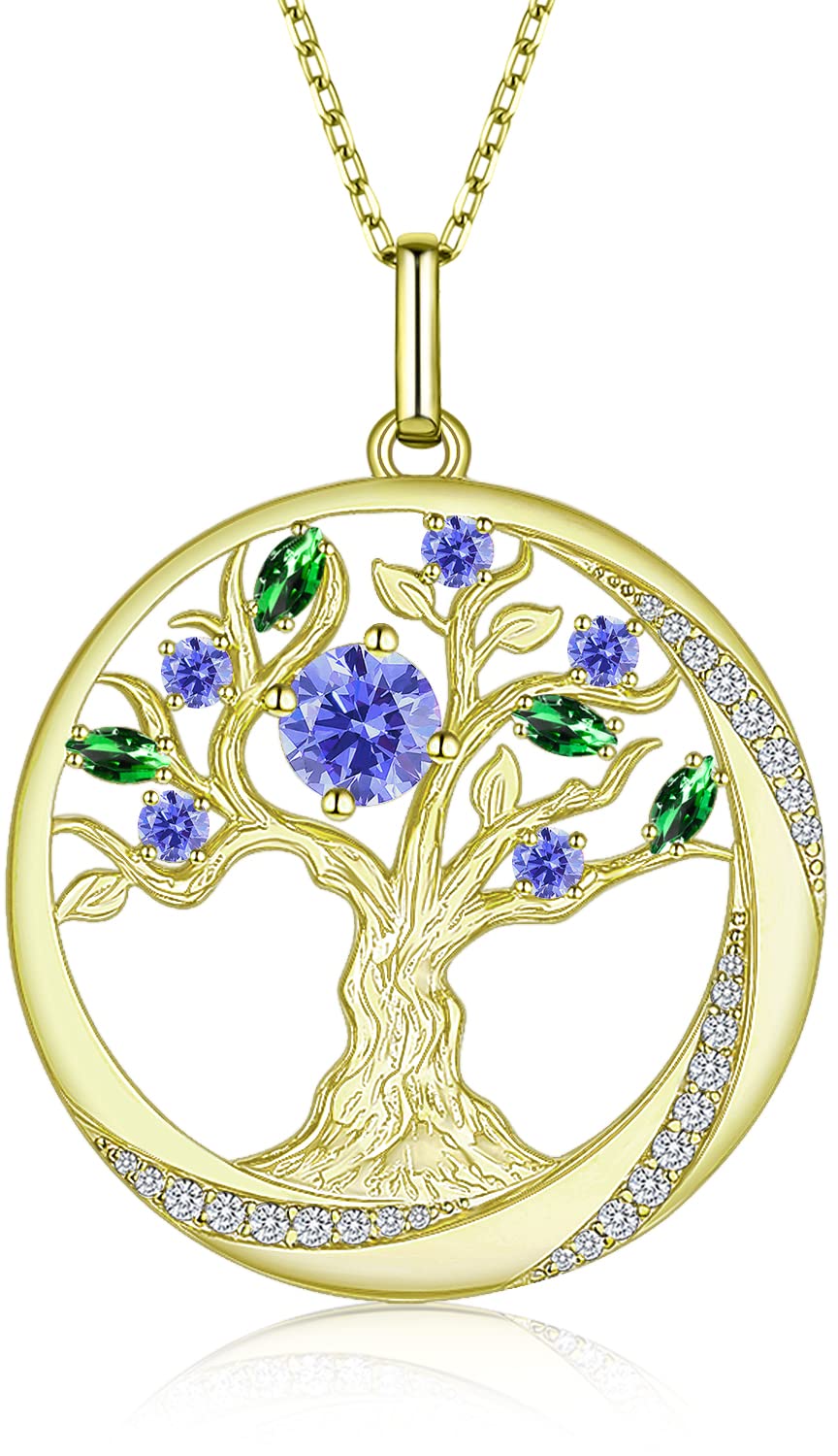 JD&P Tree of Life Gold Necklace for Women - 925 Sterling Silver 18K Gold Plated Cubic Zirconia Birthstone Pendant Jewelry | Valentine's Day, Mother's Day & Christmas Gifts for Mom, Grandma, Wife, Daughter | Perfect for Weddings, Anniversaries & Special Occasions