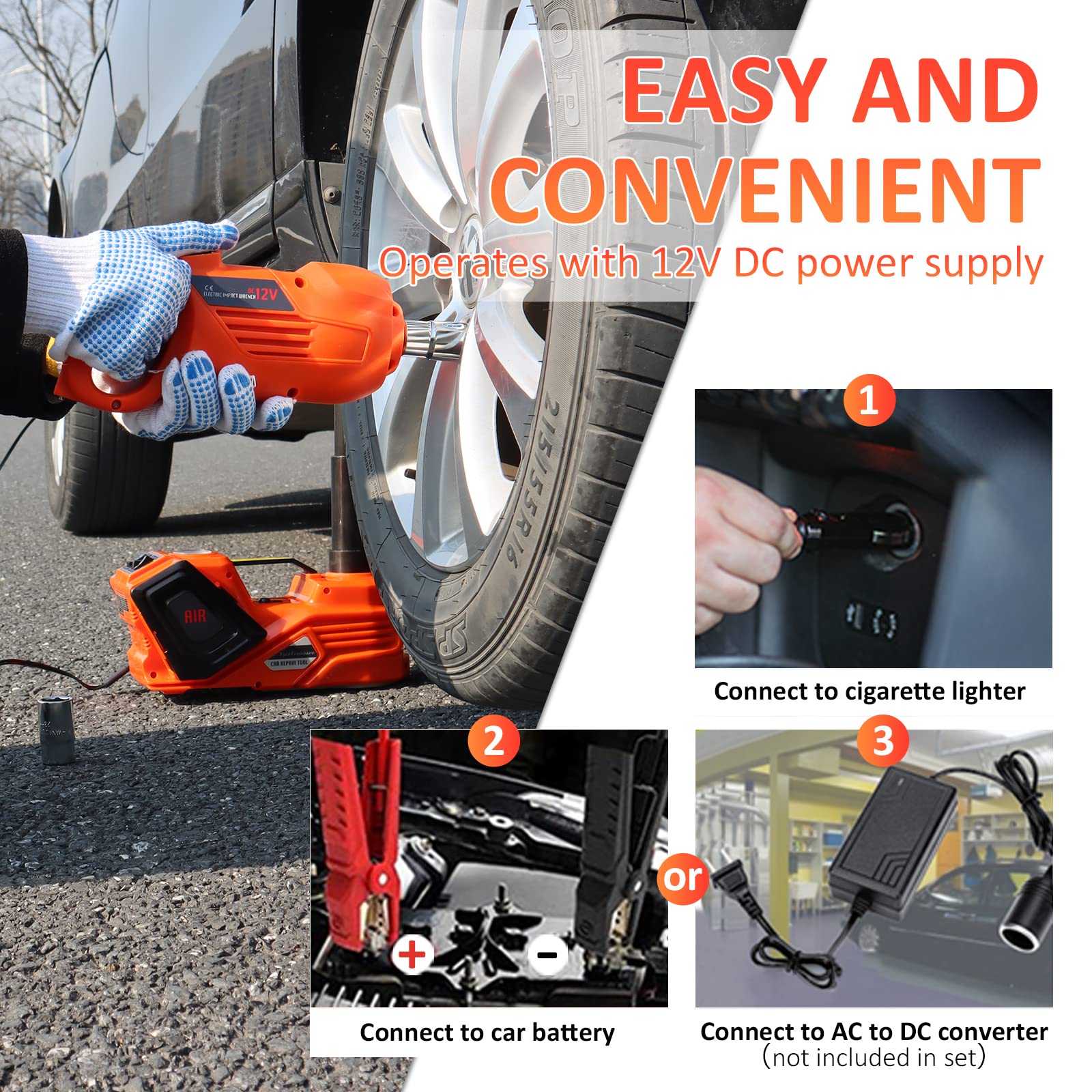5 Ton Electric Hydraulic Car Jack Kit with Impact Wrench & Tire Inflator (6.1-17.7