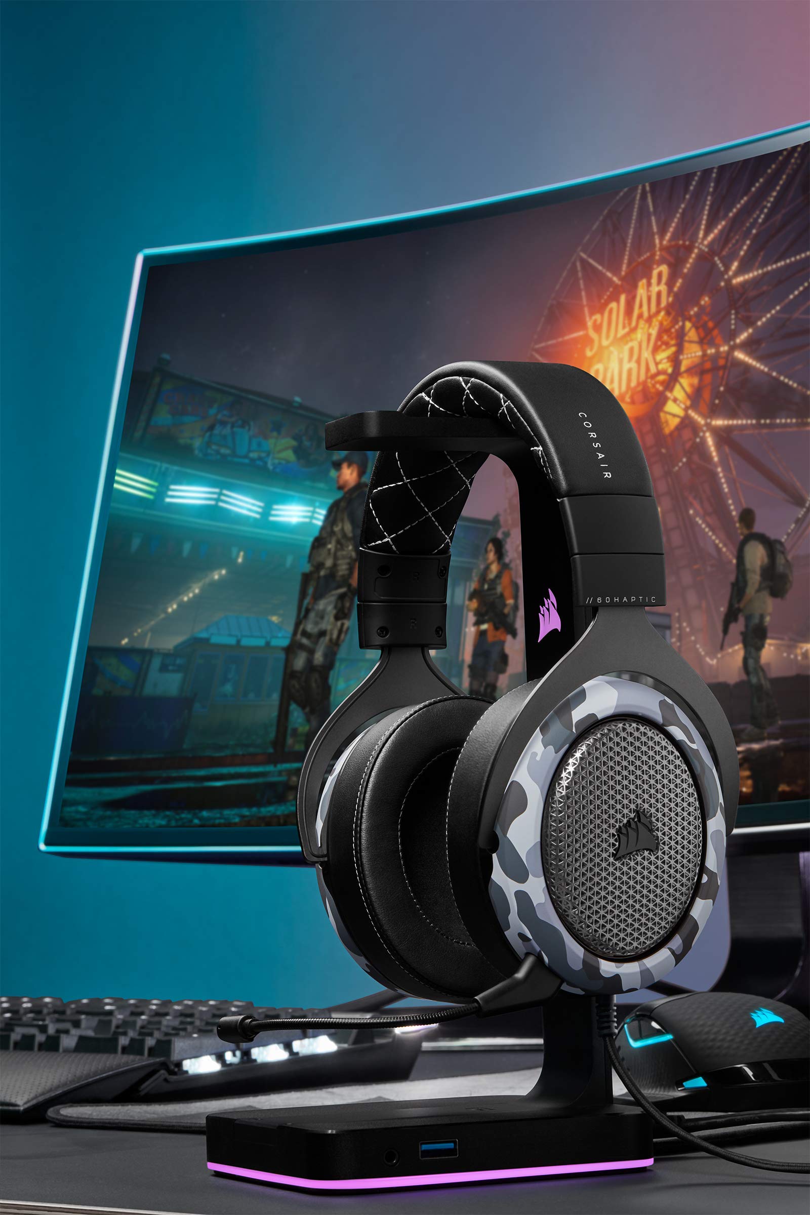Corsair HS60 HAPTIC Gaming Headset with Taction Technology - Stereo Sound, Adjustable Memory Foam Ear Cushions, Detachable Mic (Camo) - Perfect for PC, PS4, Xbox Gaming & Streaming