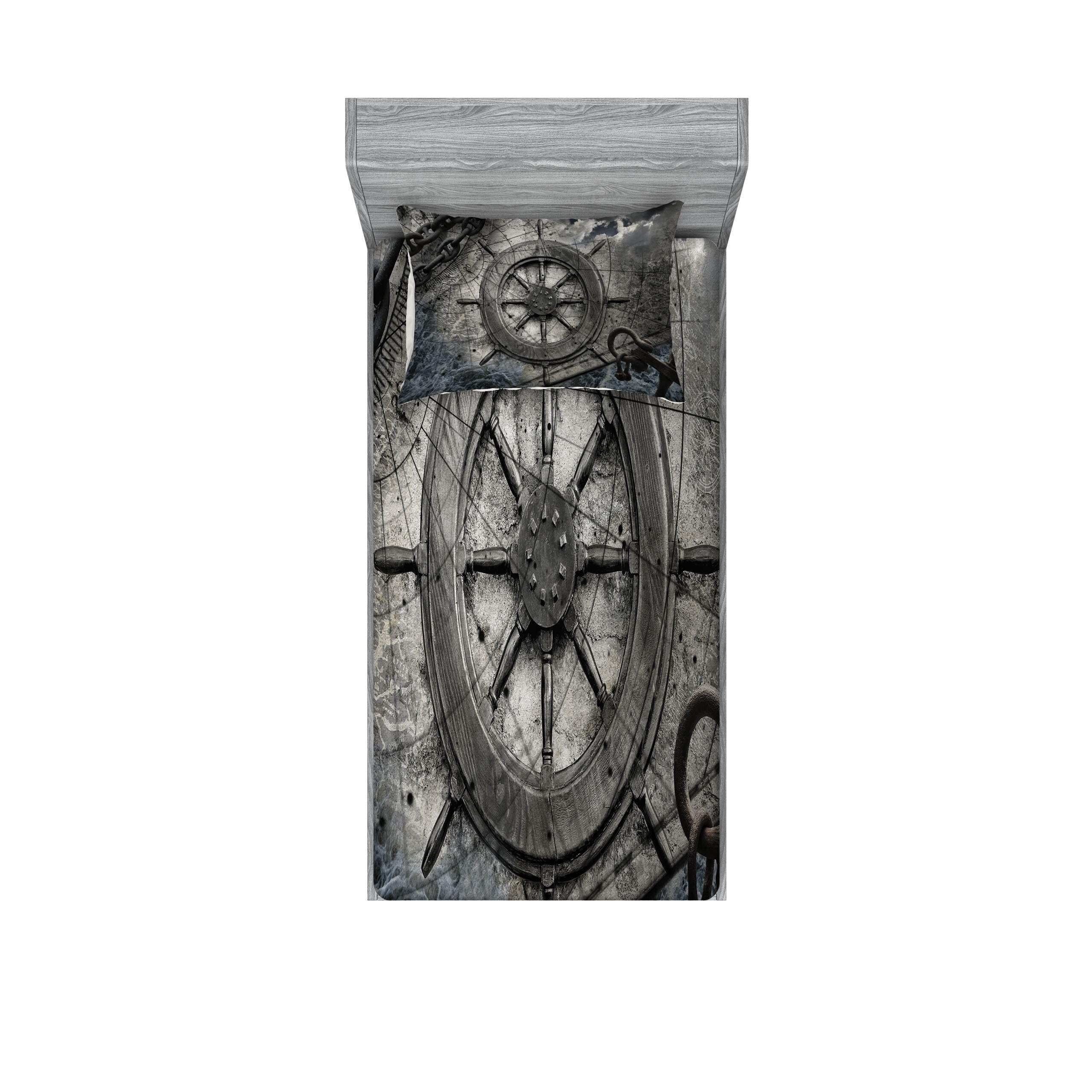Ambesonne Nautical Themed Fitted Sheet & Pillow Sham Set - Twin XL, Charcoal - Retro Ship Wheel, Anchor & Navigation Decor for Coastal Bedroom Design | Perfect for Beach House, Sailor Theme or Maritime Inspired Home Decor