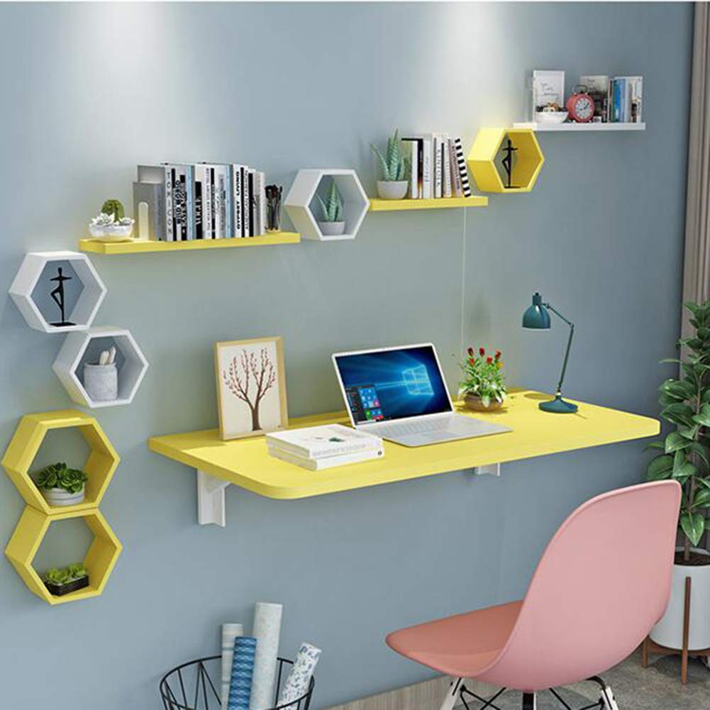 ELLENS Folding Wall Mounted Computer Desk - Space Saving Drop Leaf Table for Kids Study, Homework & Writing (Pink/Yellow/White/Black/Blue) | Perfect for Small Rooms, Dorm & Home Office