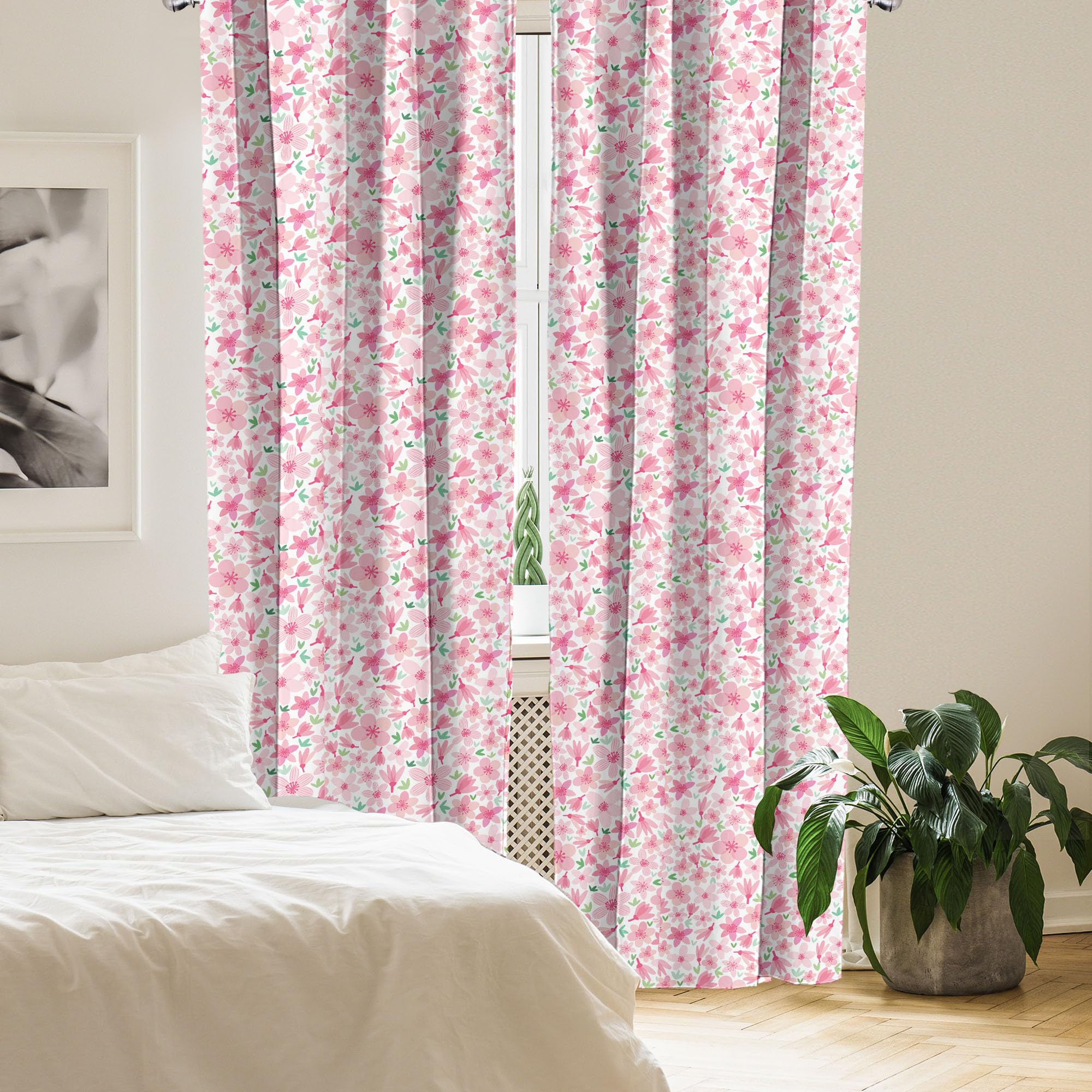 Ambesonne Cherry Blossom Window Curtains - 2-Panel Set with Rod Pocket, 28
