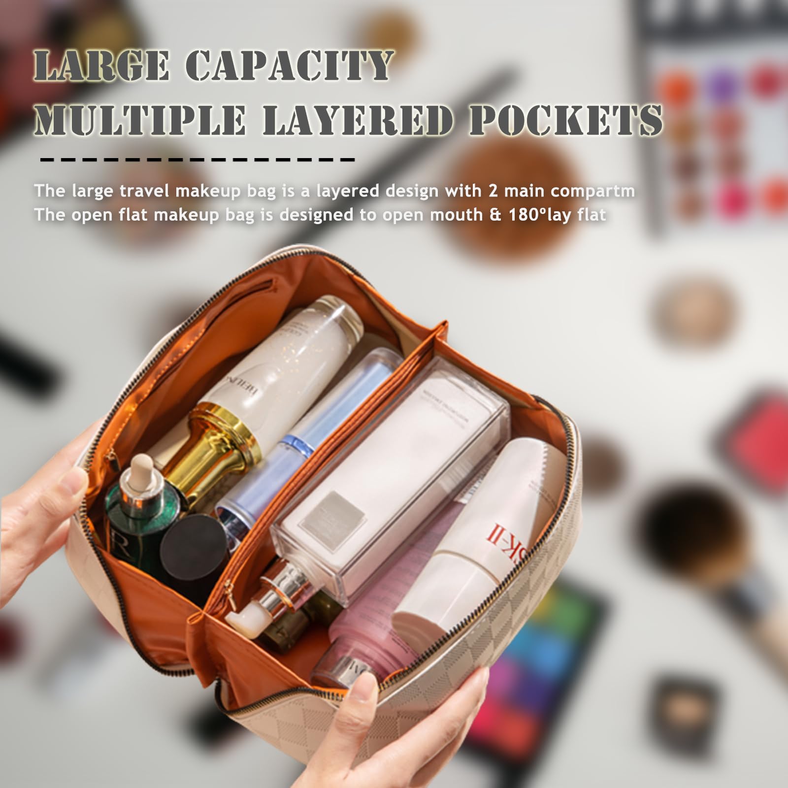 Large Capacity Waterproof PU Leather Travel Cosmetic Bag for Women - Multifunctional Makeup Organizer with Handle, Plaid Checkered Design (Brown) | Perfect for Travel, Gym, and Daily Beauty Storage