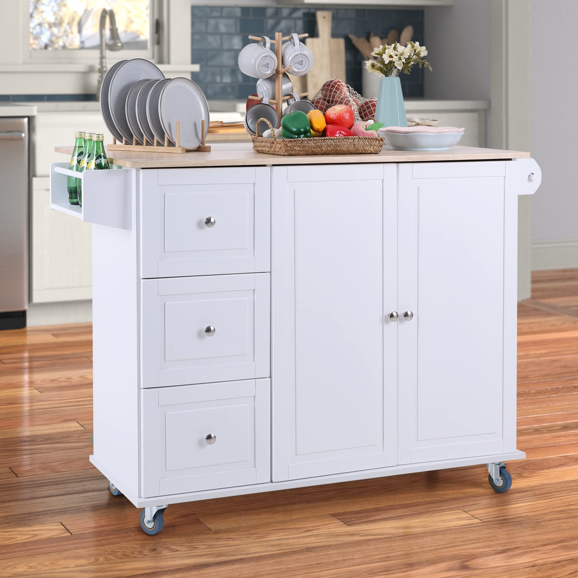 Portable Kitchen Island Cart on Wheels with Drop Leaf, Spice Rack, Towel Holder & Drawers - White | Rolling Kitchen Storage Cabinet for Small Spaces, Apartments & Mobile Cooking Stations