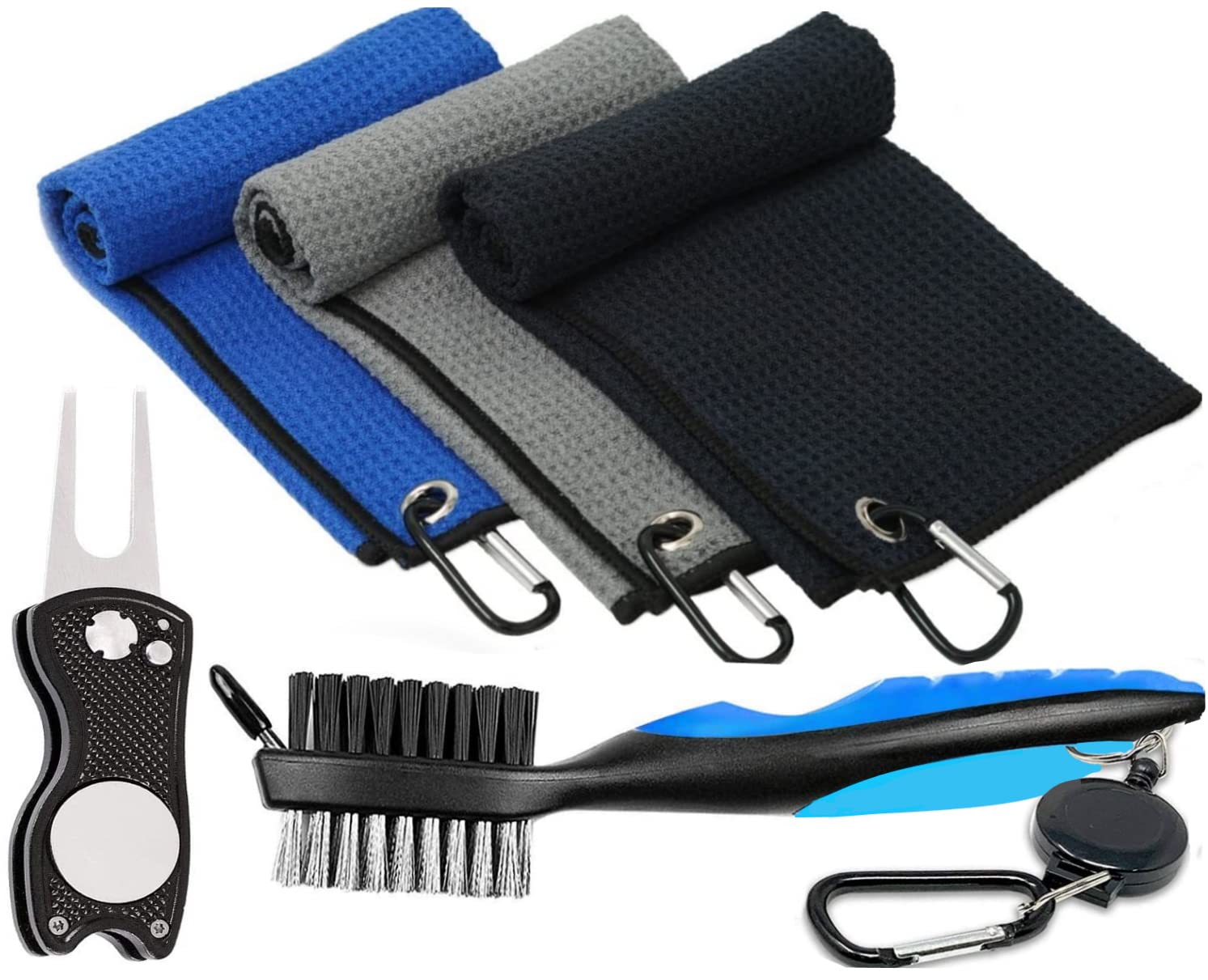 Premium Golf Towel Set - 3 Pack Microfiber Waffle Weave Towels with Club Brush, Groove Cleaner & Divot Tool | Durable & Absorbent for Golf Course, Driving Range & Practice Sessions