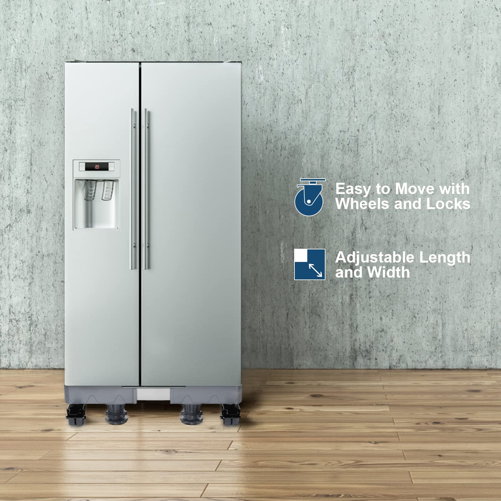 Upgraded Adjustable Fridge Stand with 8 Locking Wheels & 4 Sturdy Feet (27.5