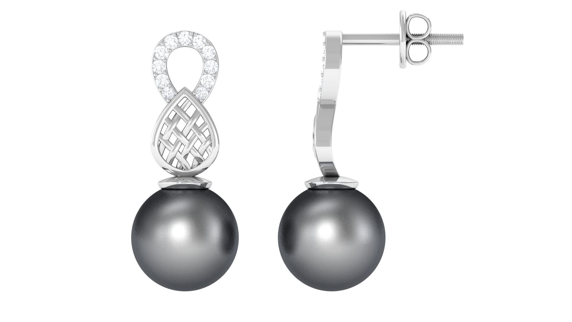 Rosec Jewels - 9 CT 8mm Black Tahitian Pearl & Diamond Drop Earrings, 14K Gold Teardrop Screw Back Earrings for Women, Perfect for Weddings, Parties & Special Occasions