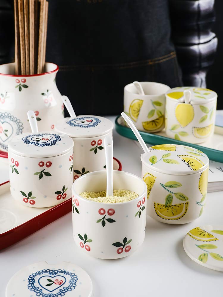 Ceramic Sugar Bowl with Lid and Spoon - Handcrafted Fruit Print Spice Jar for Kitchen Storage - Perfect for Tea, Coffee, Baking & Pantry Organization