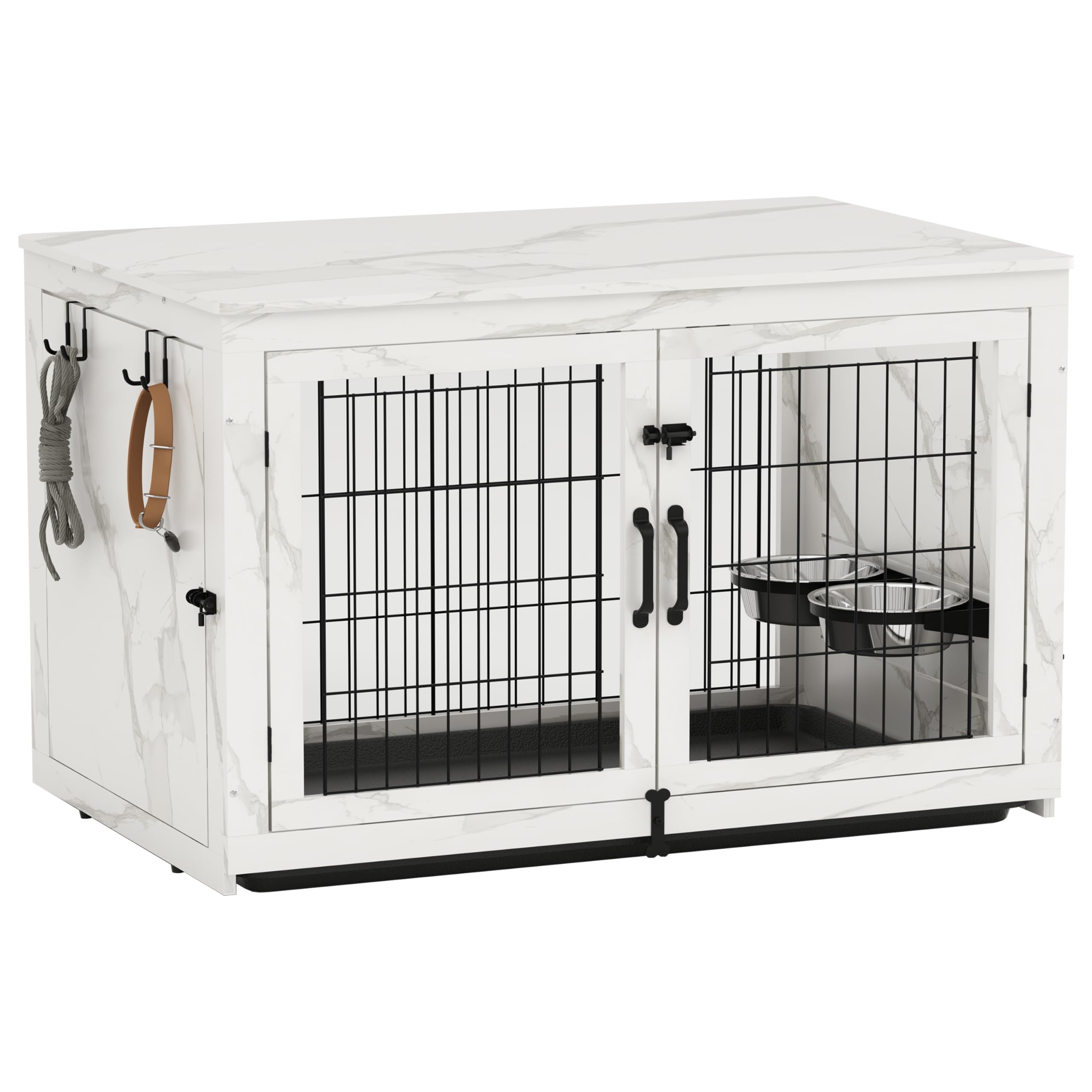 Piskyet XL Wooden Dog Crate Furniture - 360° Rotatable Removable Dog Bowls, Double Door Dog Kennel with Tray, End Table for Living Room - 43.2