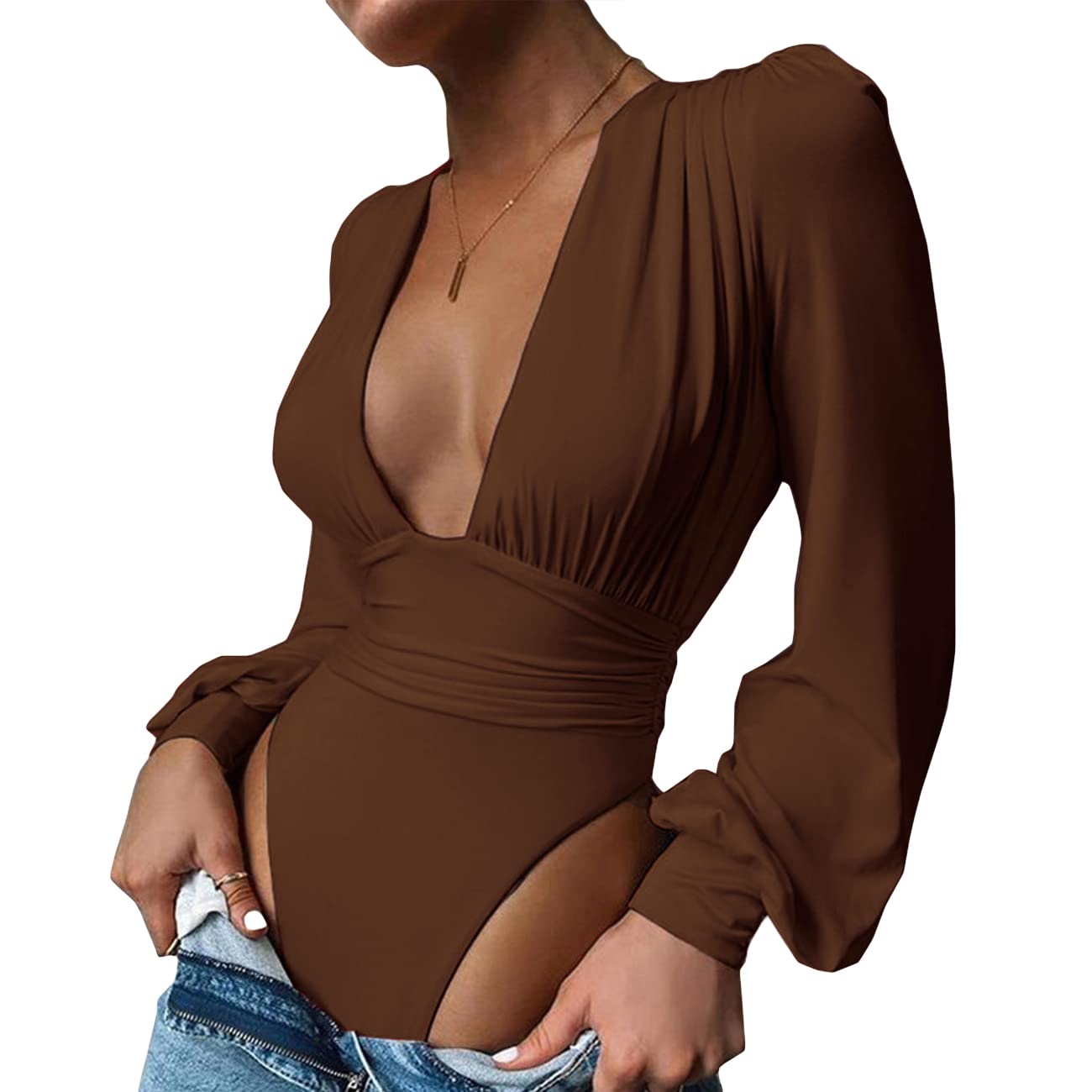 Syydn Women's Sexy Deep V Neck Puff Sleeve Stretchy Bodysuit Jumpsuit - Perfect for Club Wear, Date Night & Bodycon Outfits