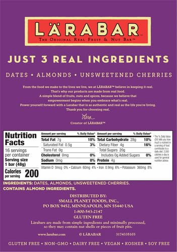 Larabar Gluten Free Snack Bars, Cherry Pie Flavor, 1.7 oz (16 Count) - Whole Food Energy Bars, Dairy Free, Vegan, Non-GMO - Perfect for Hiking, Travel & Healthy On-the-Go Snacks