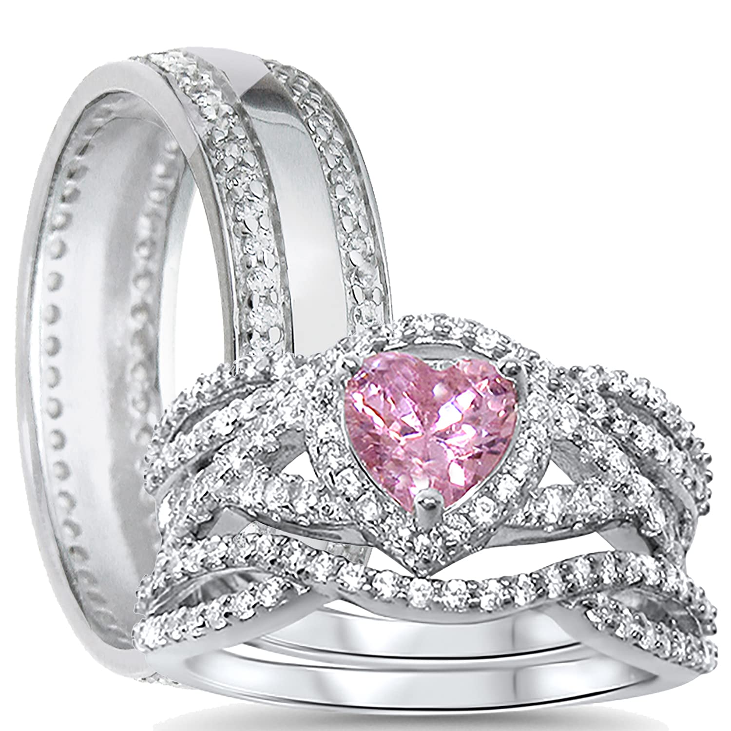 LaRaso & Co Sterling Silver Pink CZ Simulated Sapphire Matching Couple Rings Set - His & Her Wedding Bands, Engagement Rings for Bridal Jewelry | Perfect for Anniversaries, Proposals, and Romantic Gifts
