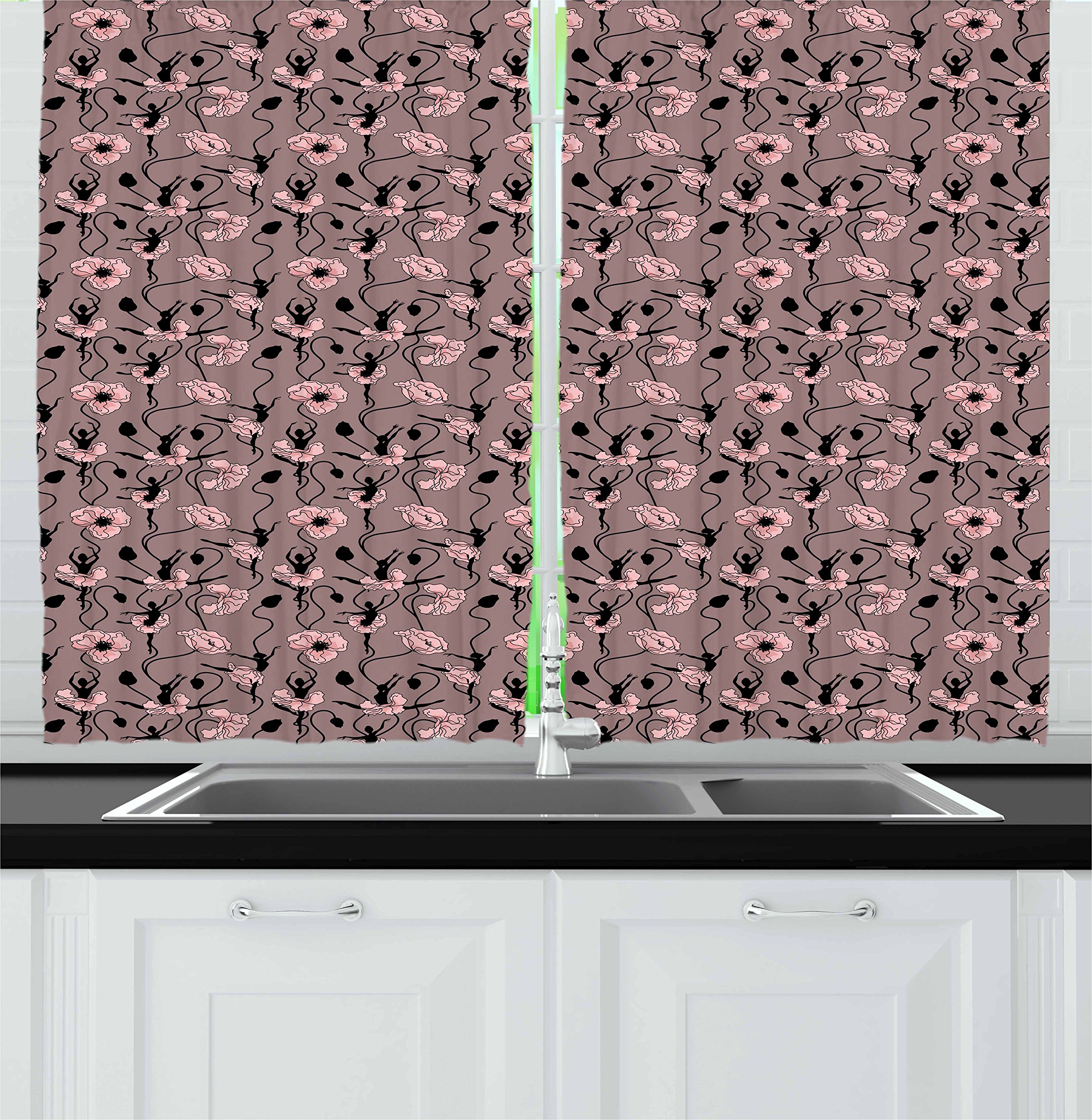 Ambesonne Abstract Kitchen Curtains Set of 2 Panels - Blooming Flowers with Ballerina Silhouettes Design, 55 x 39 Inches, Rose Black Dried Rose Color - Perfect for Kitchen, Cafe, Dining Room and Bedroom Window Decor