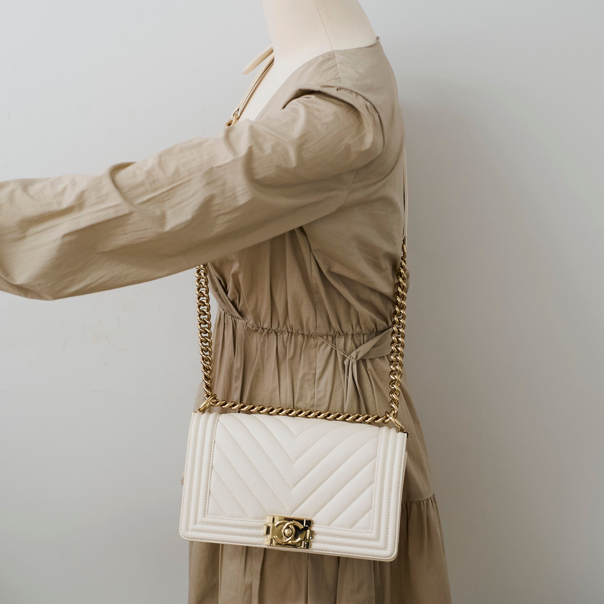 Chanel Old Medium Boy Chevron White Caviar Leather Handbag - Series 29 | Luxury Designer Crossbody Bag for Women, Perfect for Date Night & Special Occasions