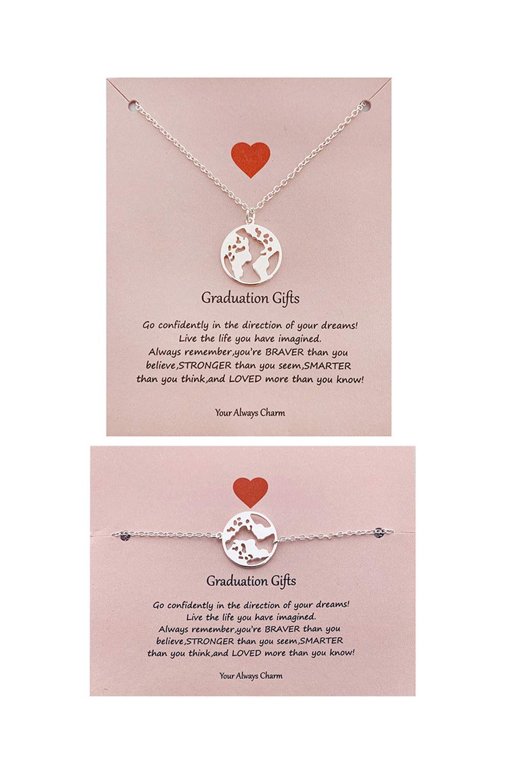 Beautiful Graduation Gifts for Women - World Map Pendant Necklace & Mother Earth Charm Bracelet Set - Perfect for Graduation Ceremonies, Birthday Presents and Travel Lovers